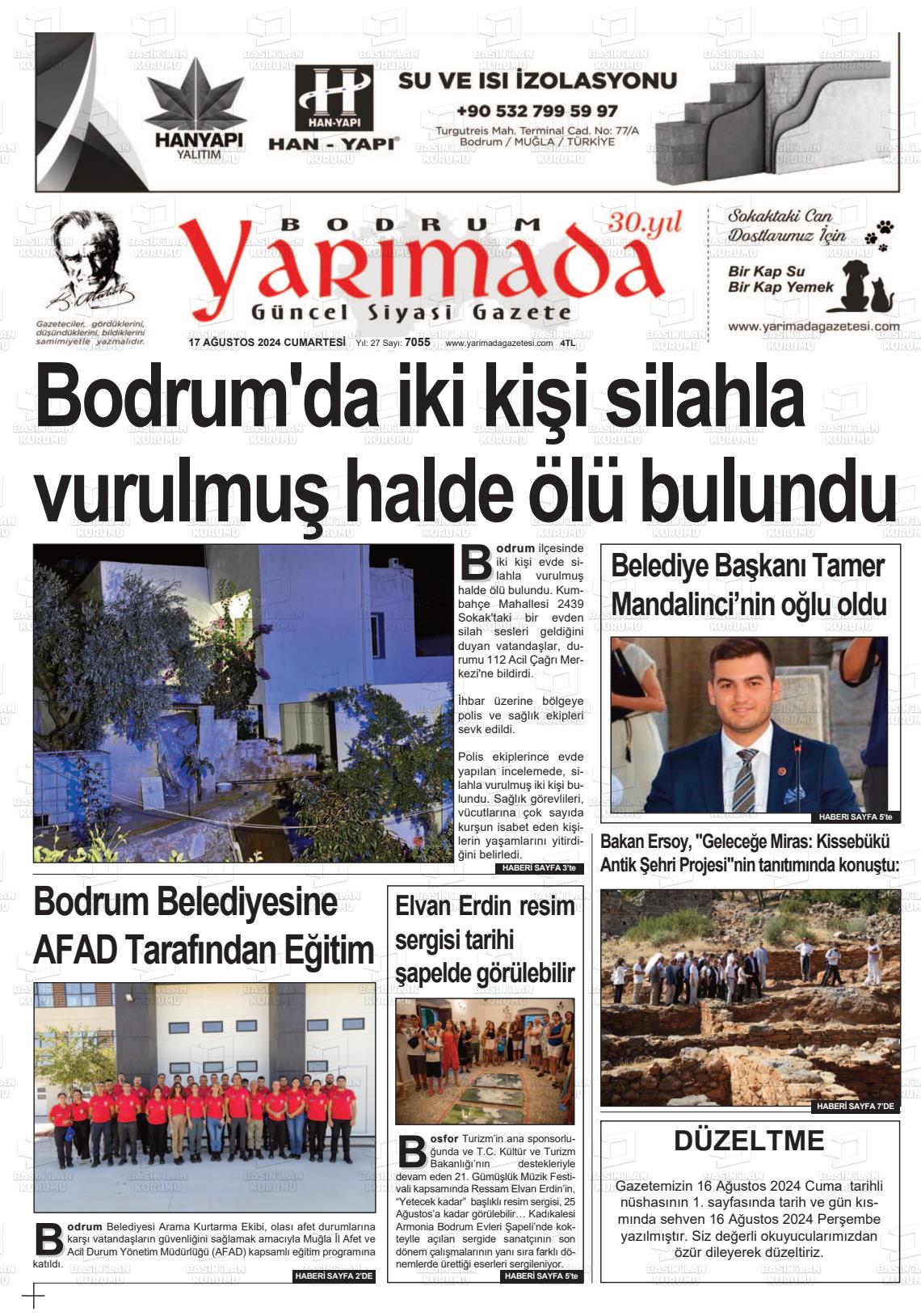 17 Ağustos 2024 Bodrum Yarimada Gazete Manşeti