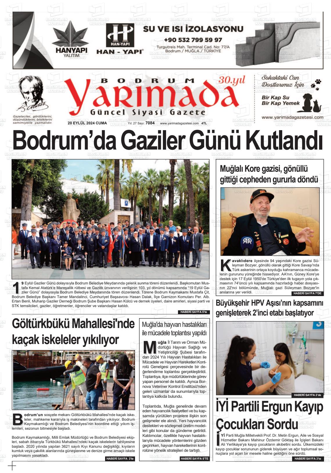 20 Eylül 2024 Bodrum Yarimada Gazete Manşeti