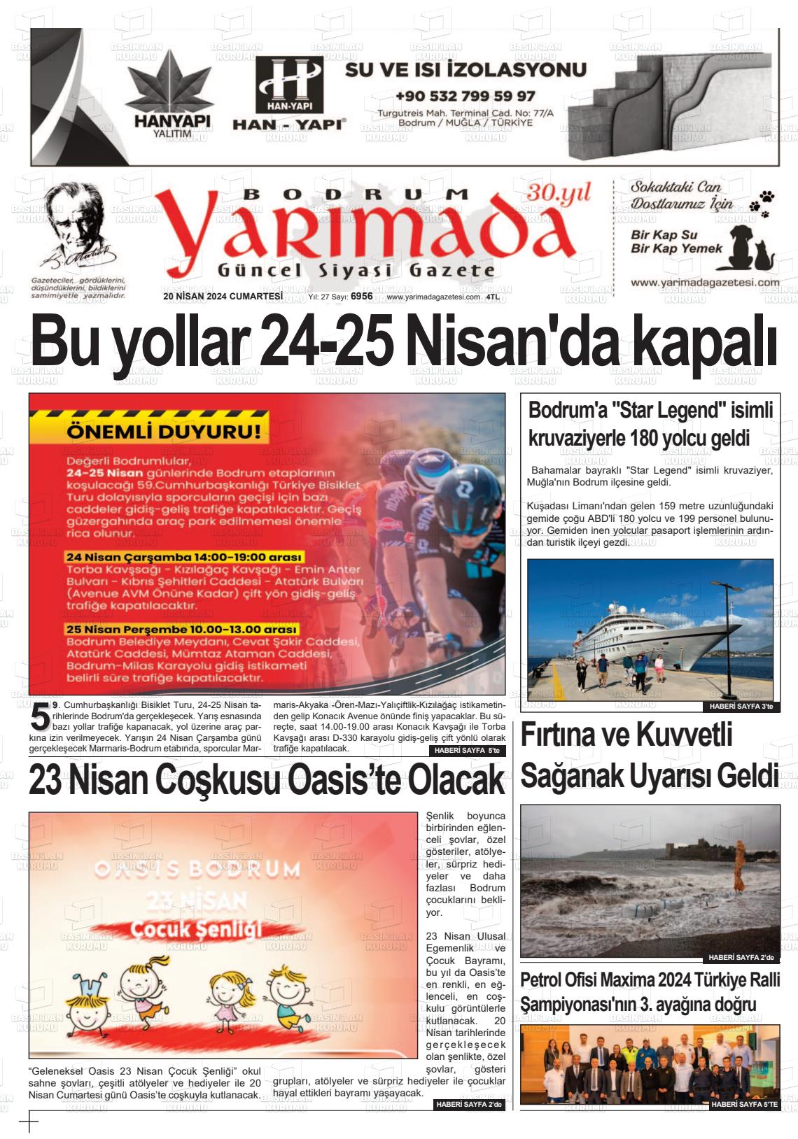 20 Nisan 2024 Bodrum Yarimada Gazete Manşeti