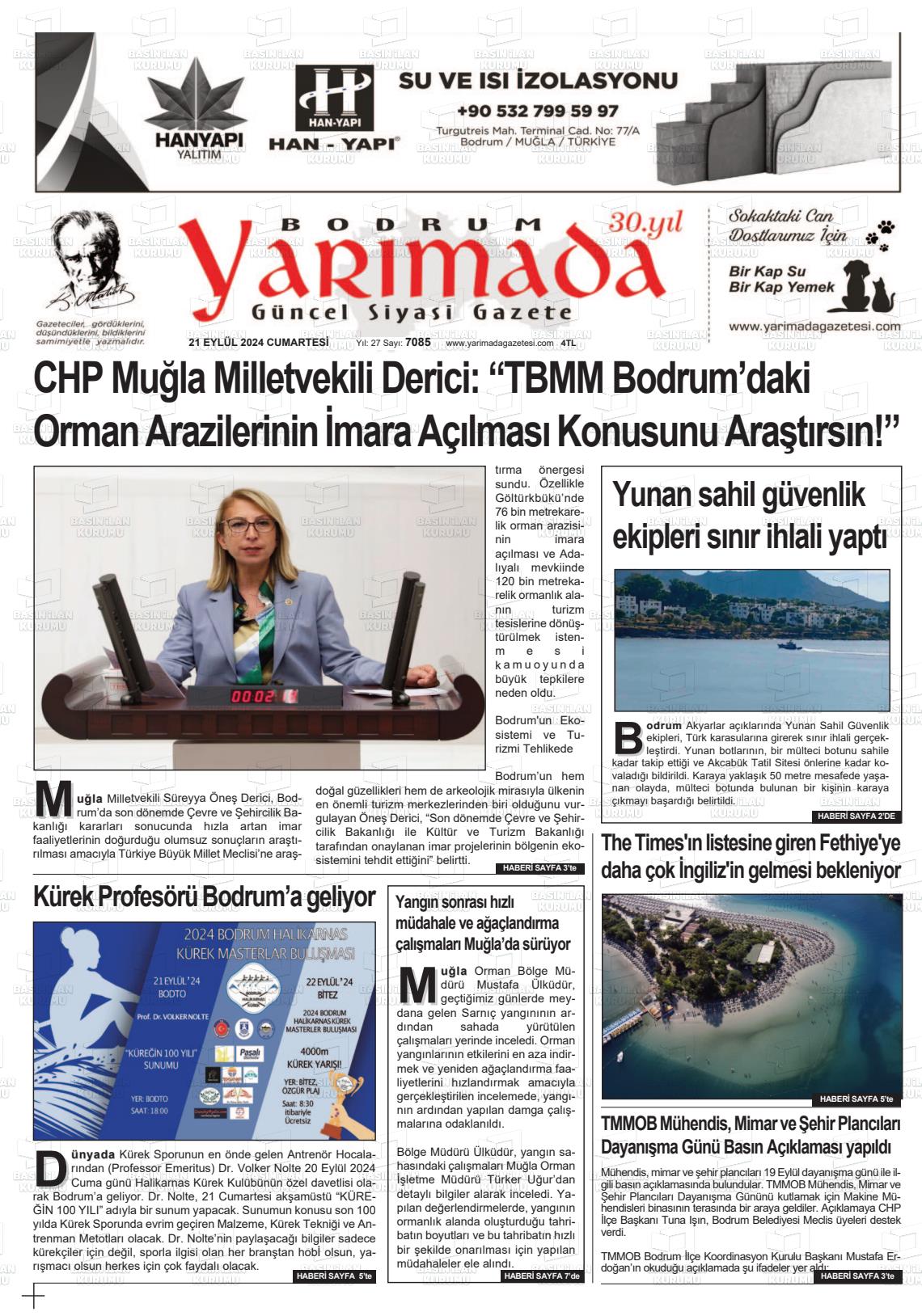 21 Eylül 2024 Bodrum Yarimada Gazete Manşeti