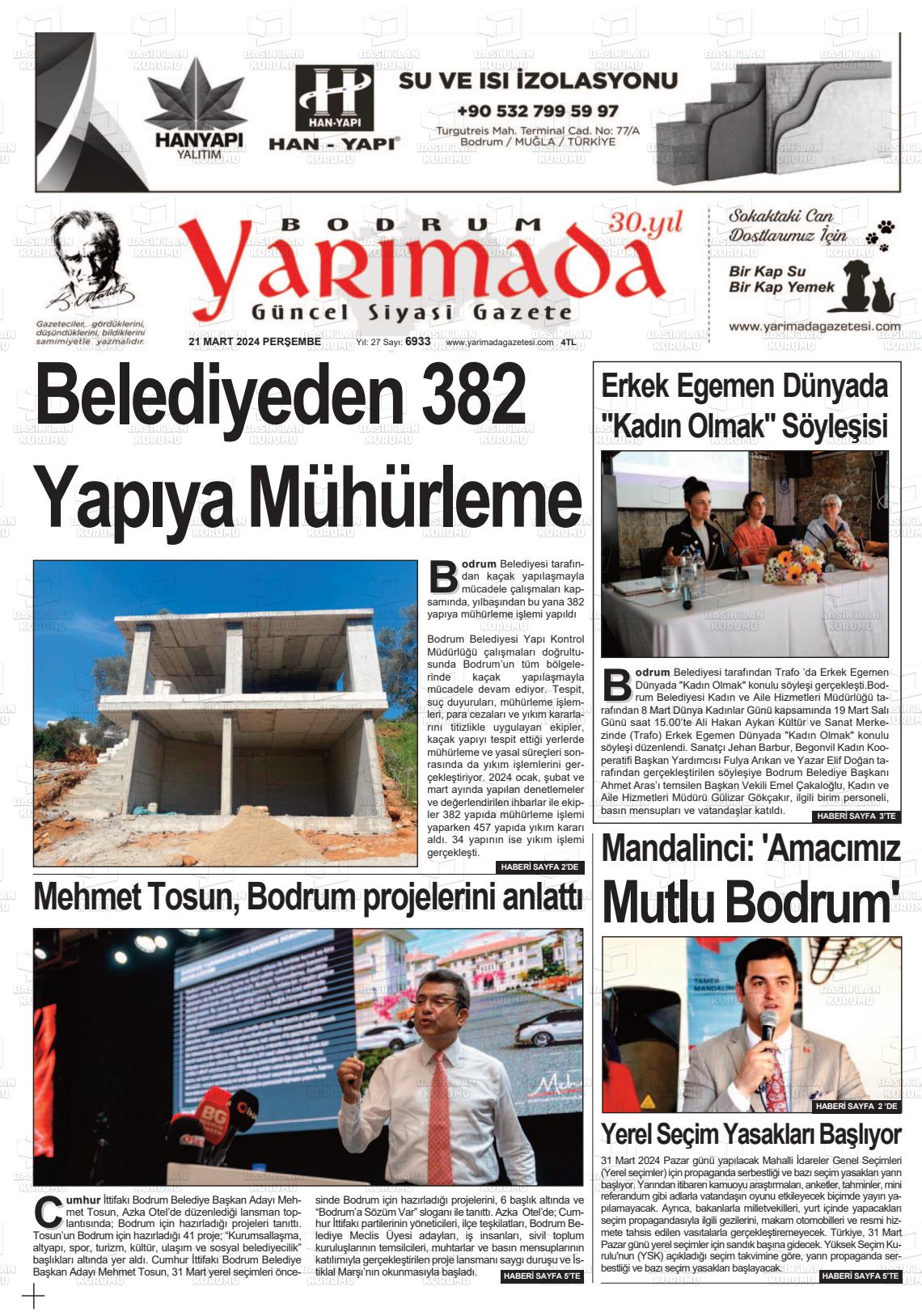 21 Mart 2024 Bodrum Yarimada Gazete Manşeti