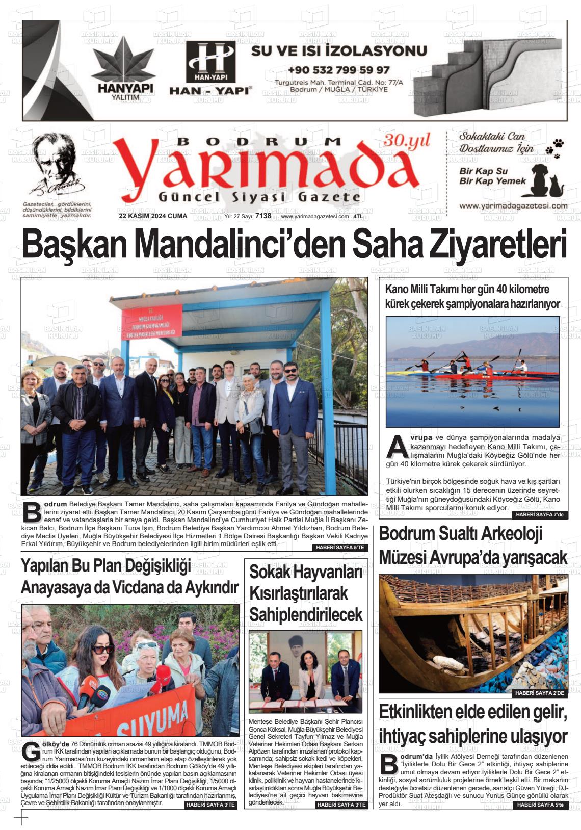 22 Kasım 2024 Bodrum Yarimada Gazete Manşeti