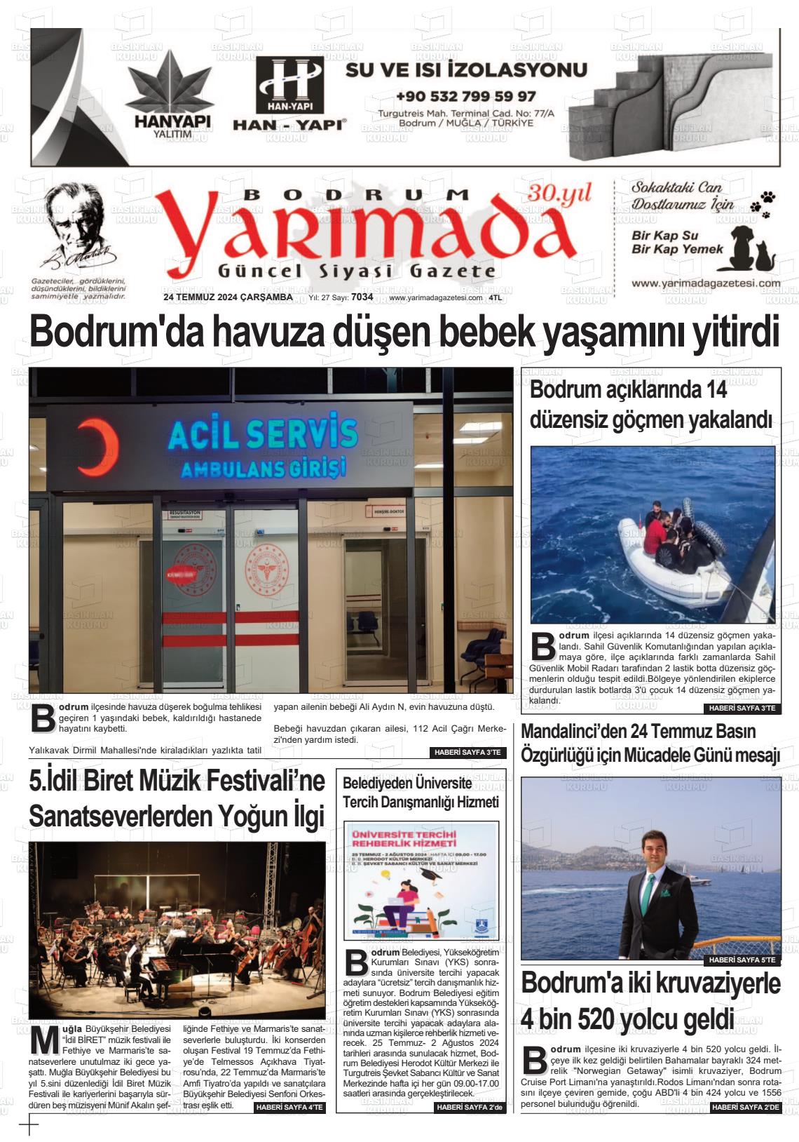 24 Temmuz 2024 Bodrum Yarimada Gazete Manşeti