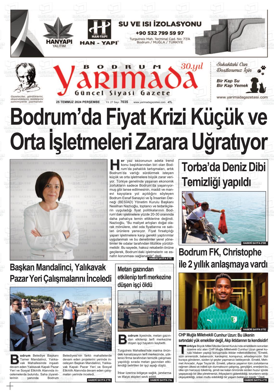 25 Temmuz 2024 Bodrum Yarimada Gazete Manşeti