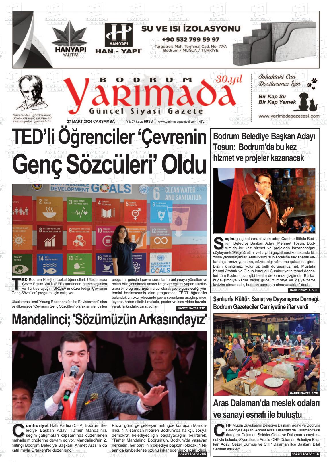 27 Mart 2024 Bodrum Yarimada Gazete Manşeti