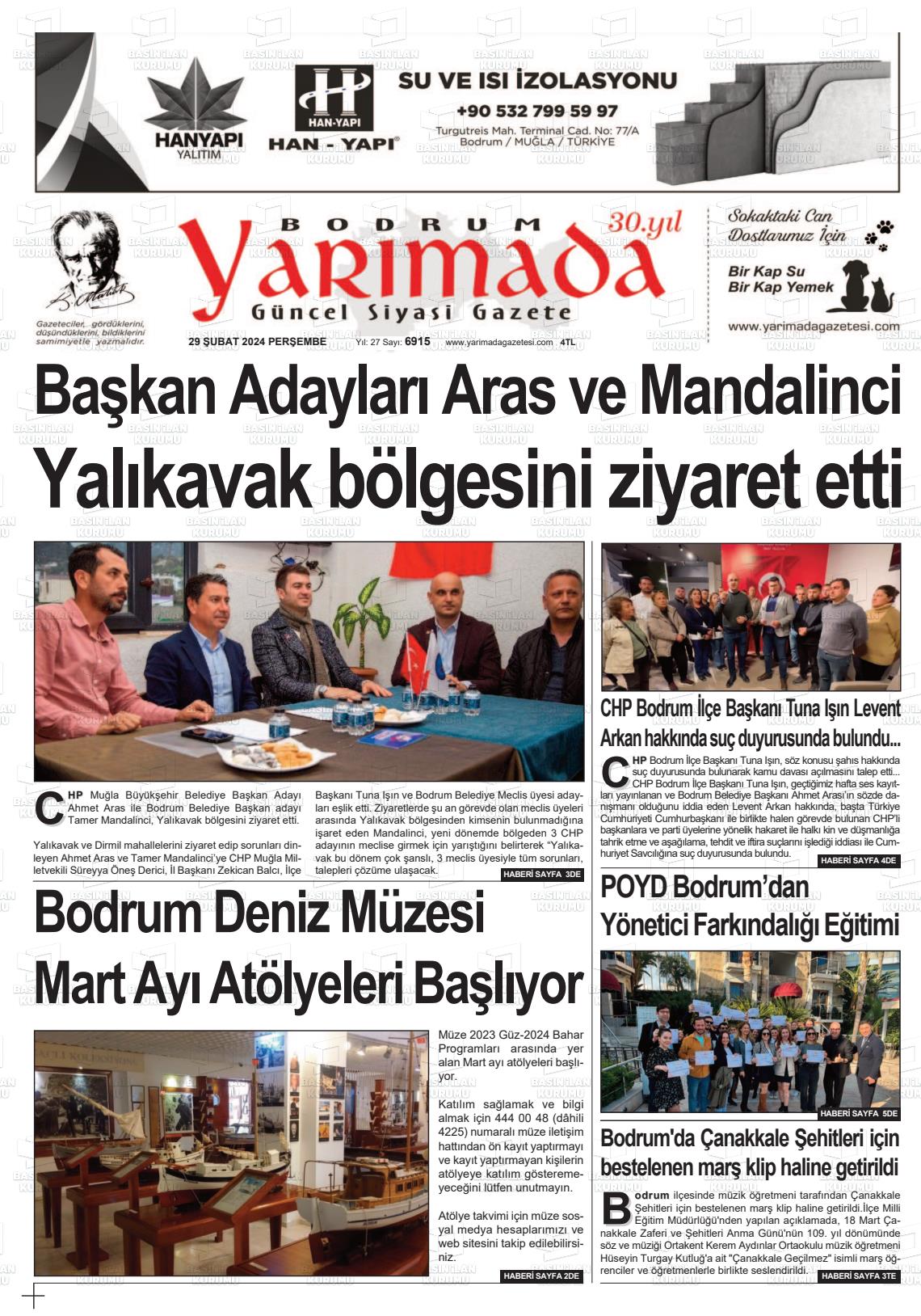 29 Şubat 2024 Bodrum Yarimada Gazete Manşeti