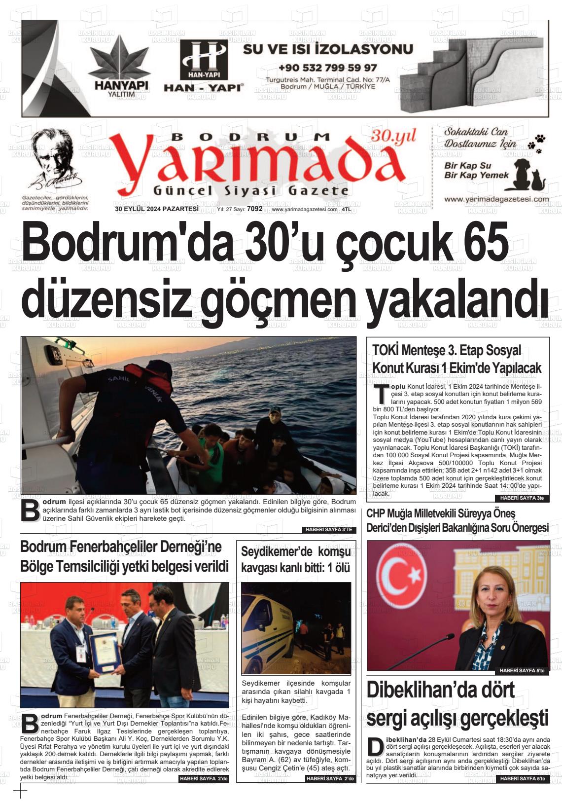 30 Eylül 2024 Bodrum Yarimada Gazete Manşeti