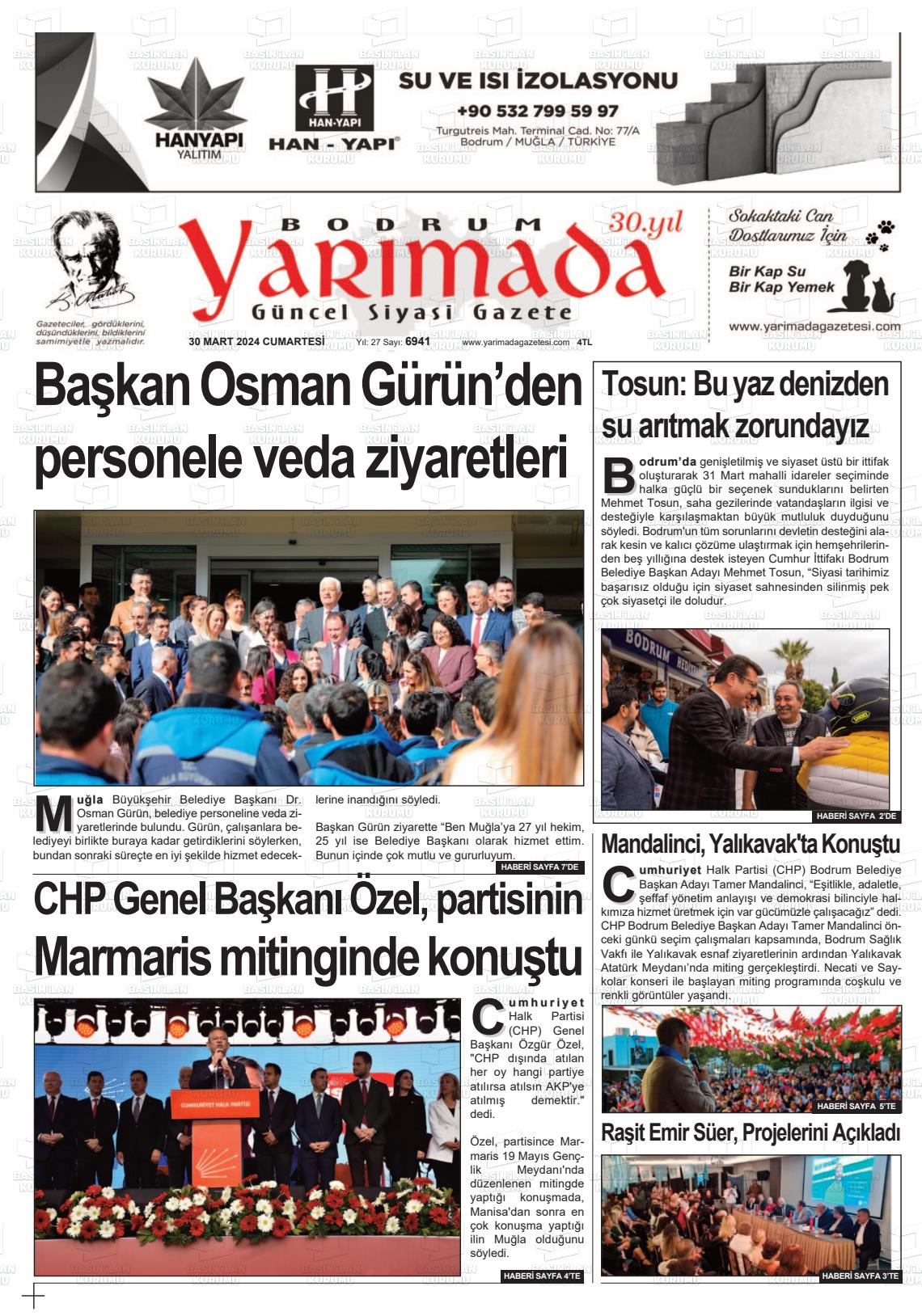 30 Mart 2024 Bodrum Yarimada Gazete Manşeti