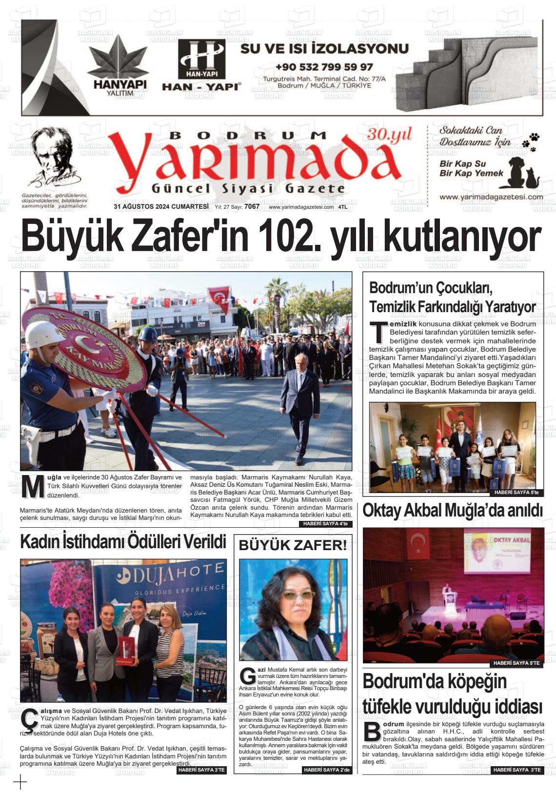 31 Ağustos 2024 Bodrum Yarimada Gazete Manşeti