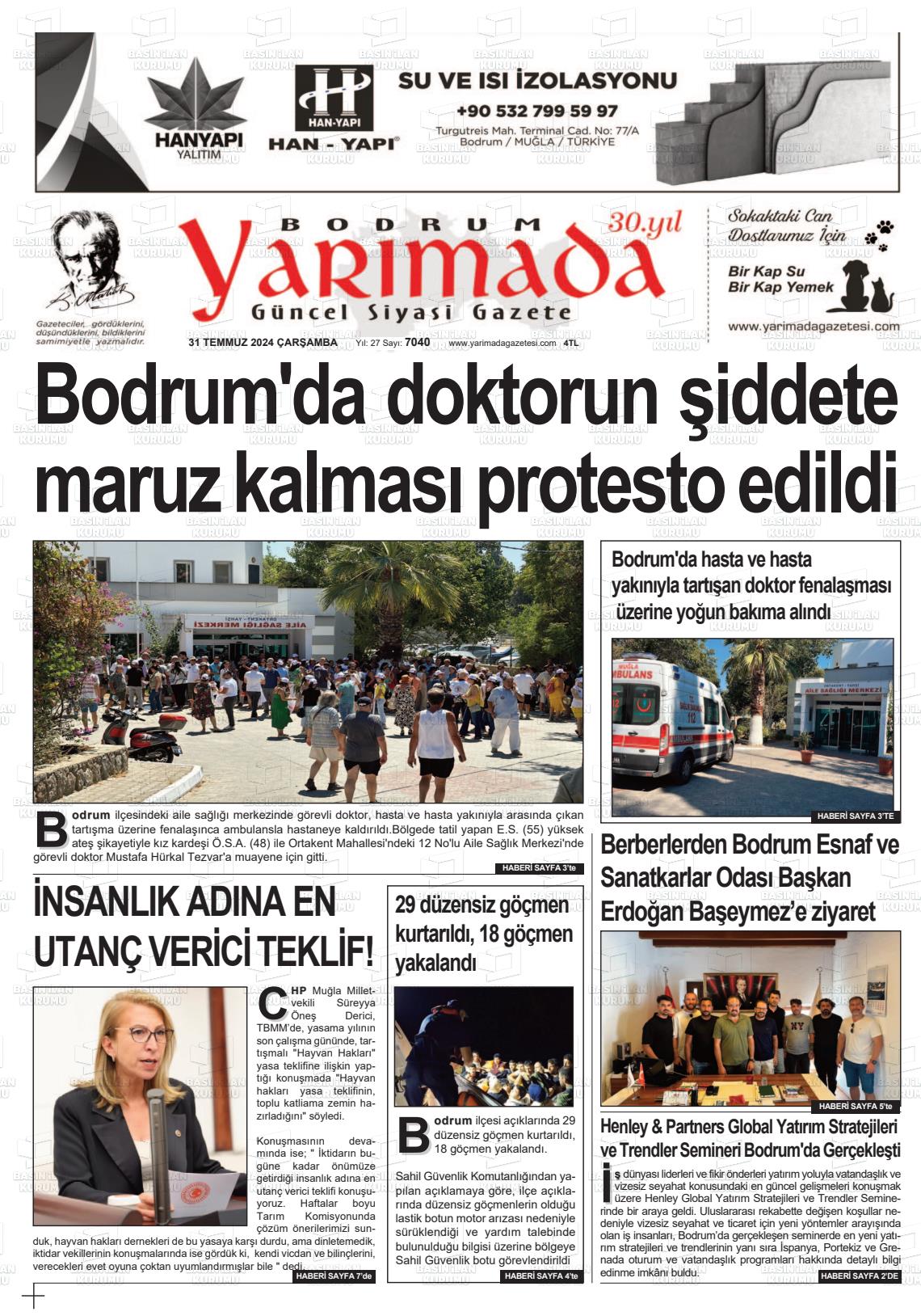 31 Temmuz 2024 Bodrum Yarimada Gazete Manşeti