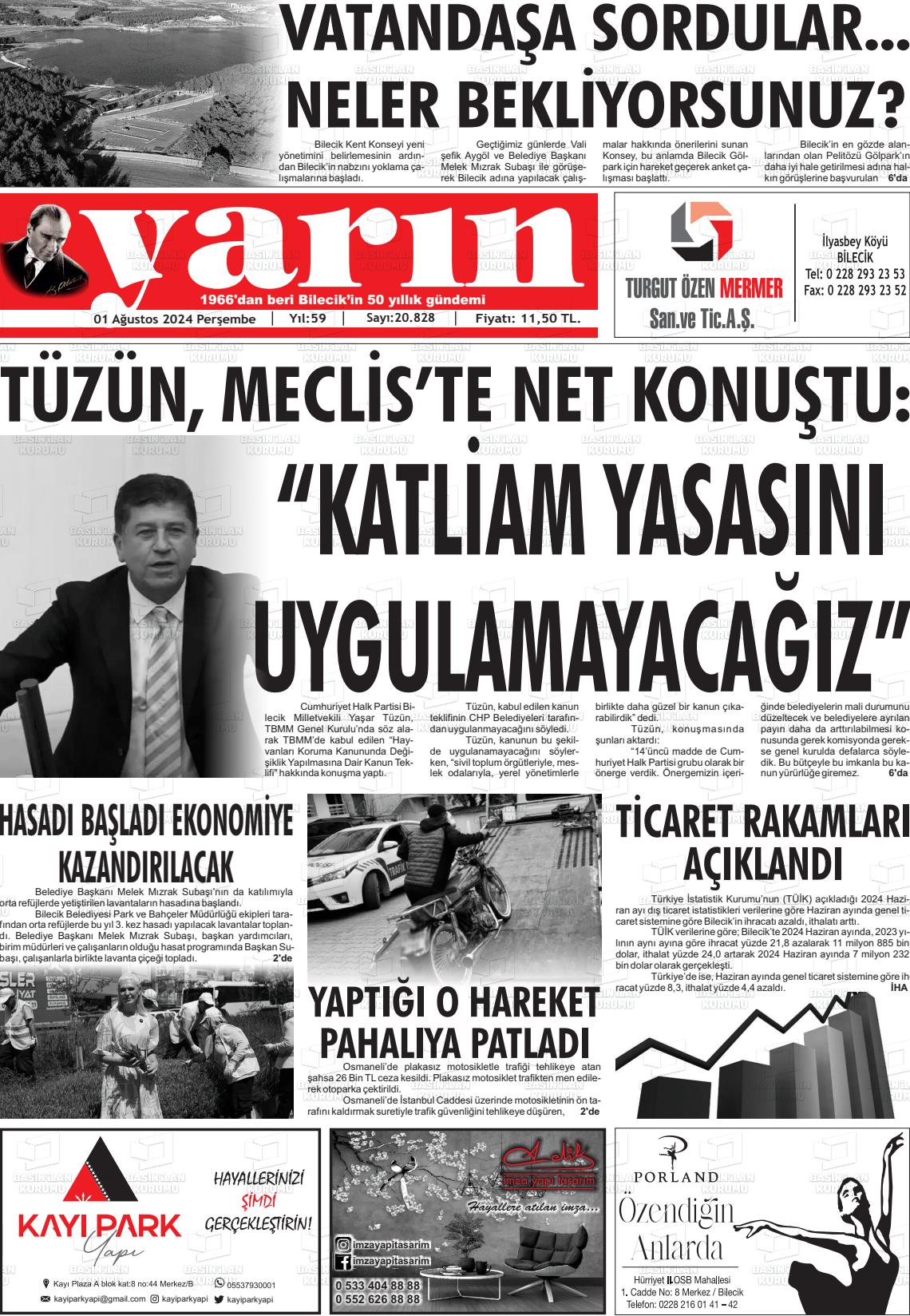 01 Ağustos 2024 Gazete Yarın 11 Gazete Manşeti