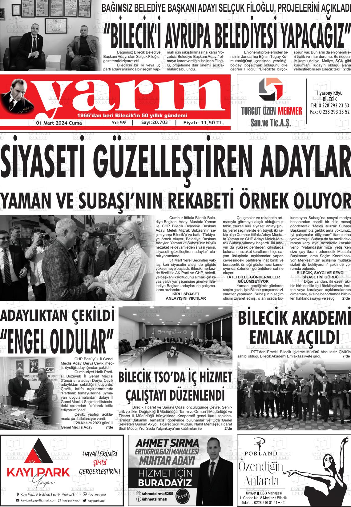 01 Mart 2024 Gazete Yarın 11 Gazete Manşeti