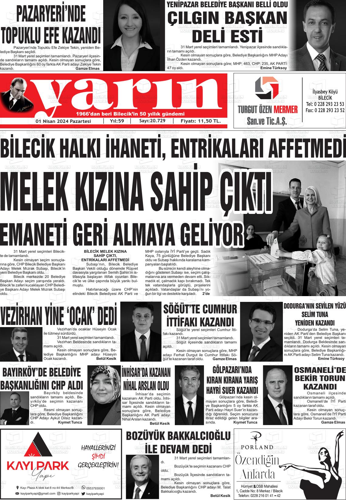 01 Nisan 2024 Gazete Yarın 11 Gazete Manşeti