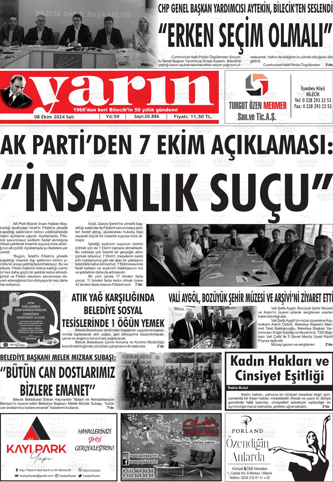 08 Ekim 2024 Gazete Yarın 11 Gazete Manşeti