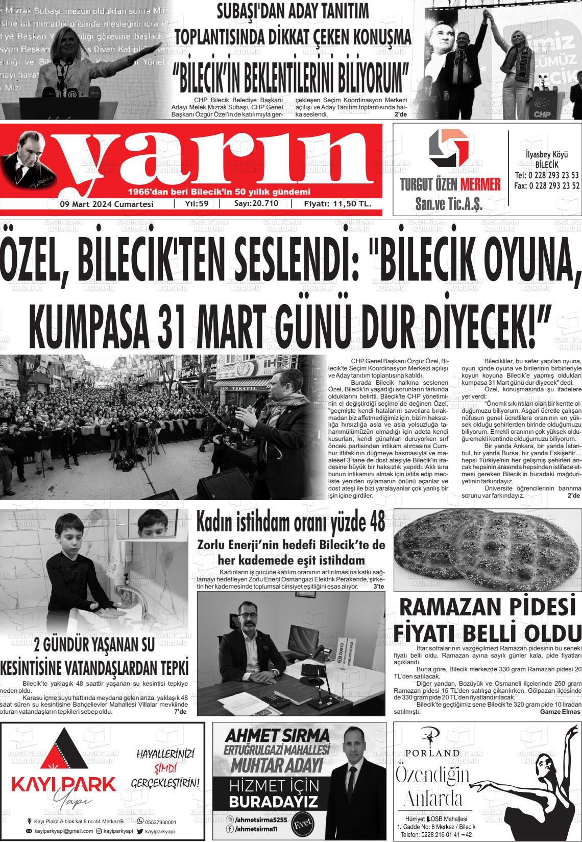 09 Mart 2024 Gazete Yarın 11 Gazete Manşeti