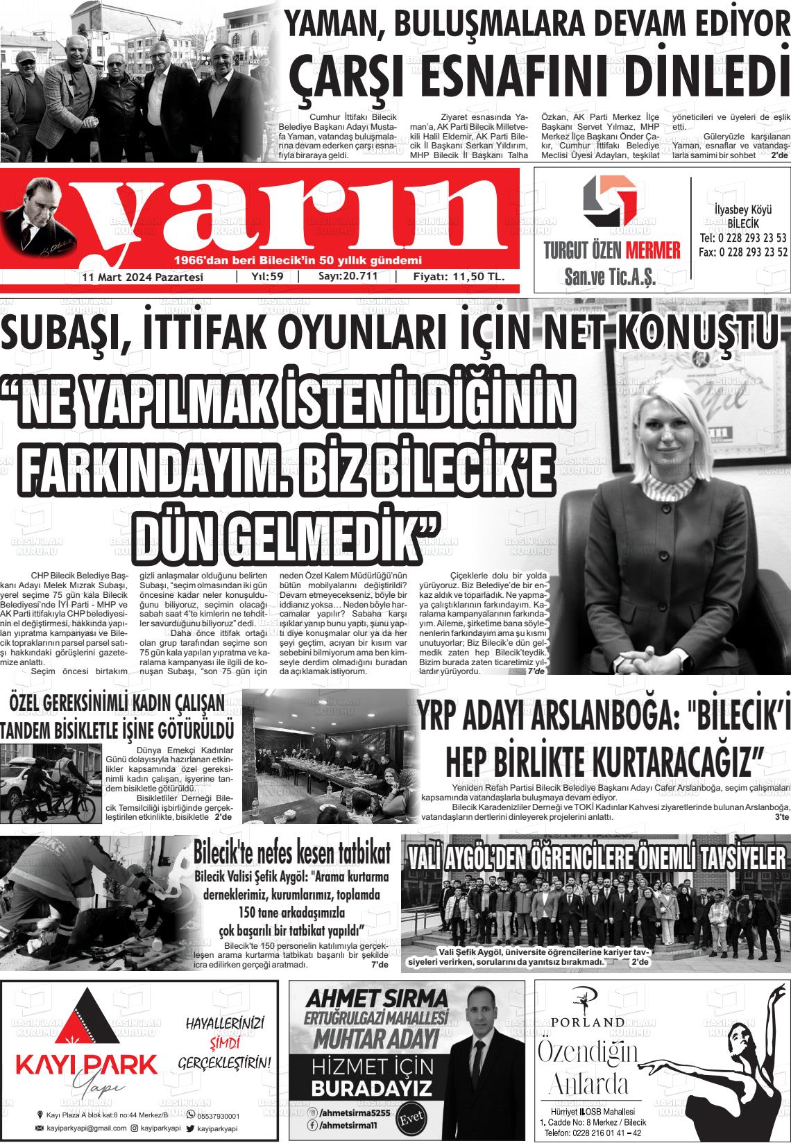 11 Mart 2024 Gazete Yarın 11 Gazete Manşeti