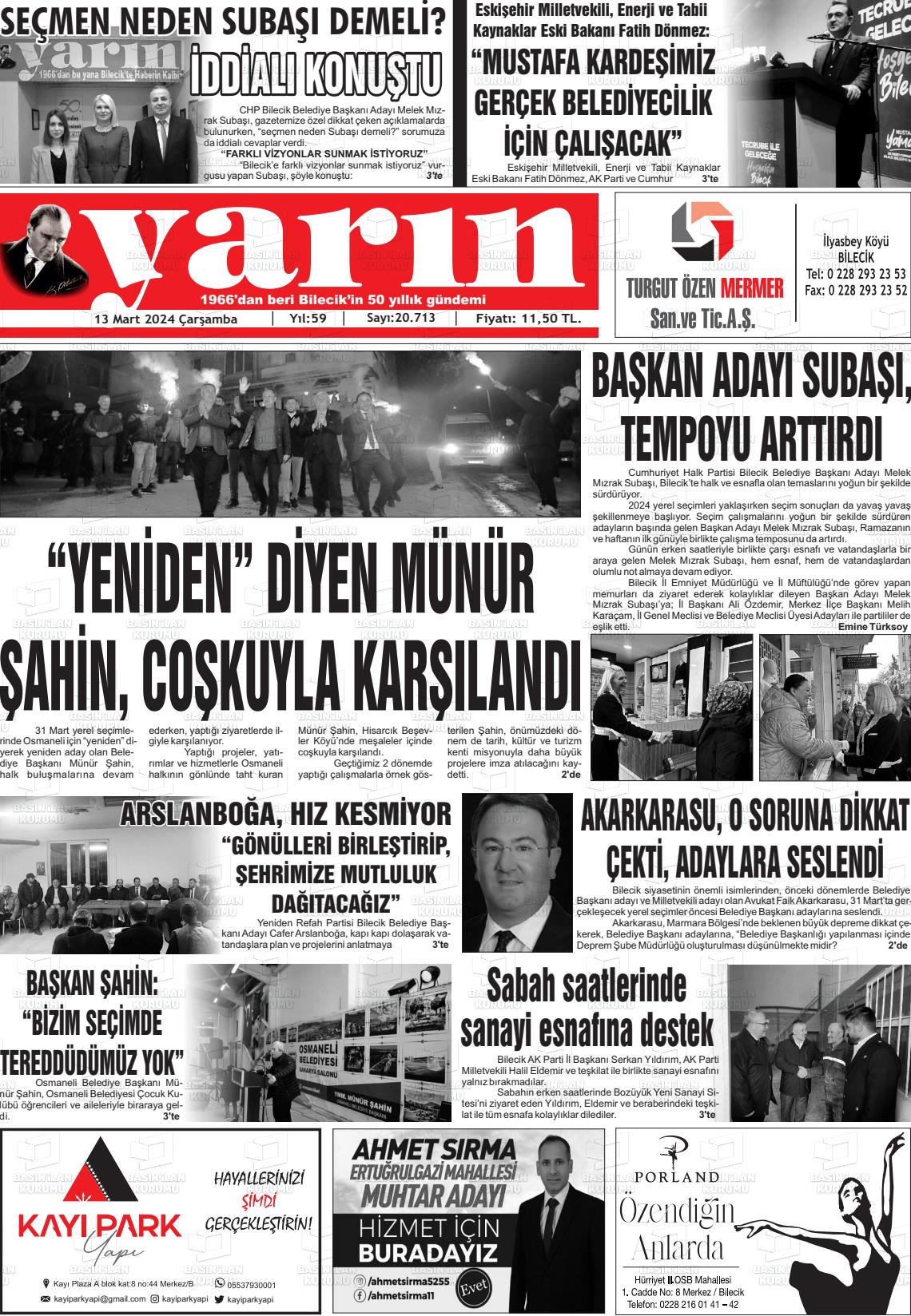 13 Mart 2024 Gazete Yarın 11 Gazete Manşeti