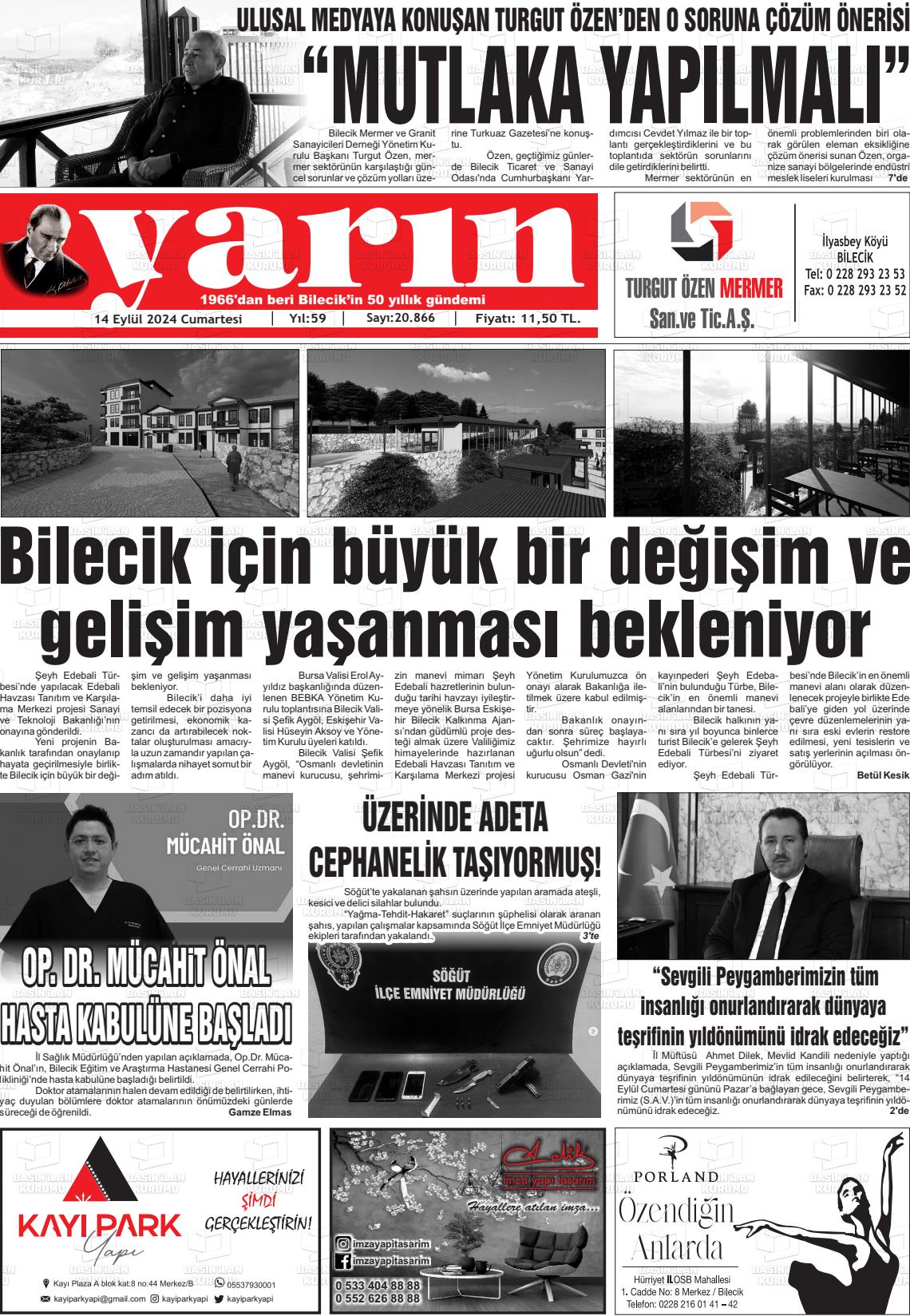 14 Eylül 2024 Gazete Yarın 11 Gazete Manşeti