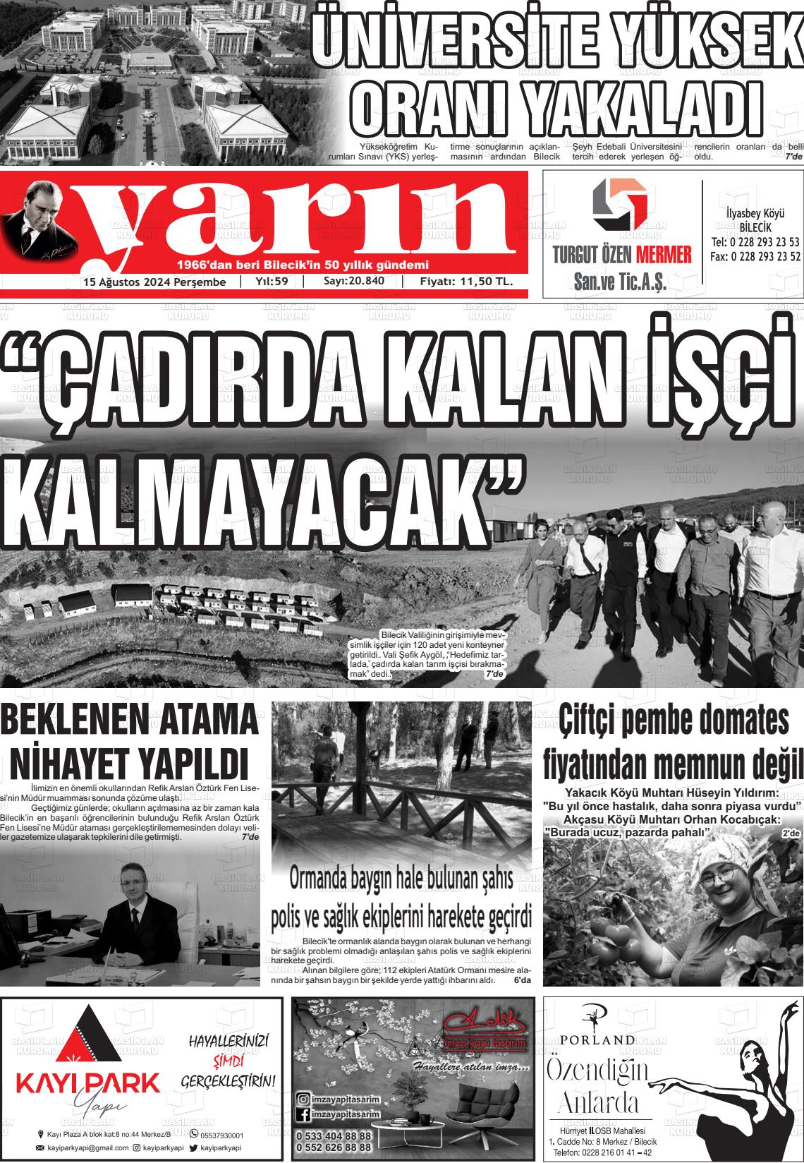 15 Ağustos 2024 Gazete Yarın 11 Gazete Manşeti