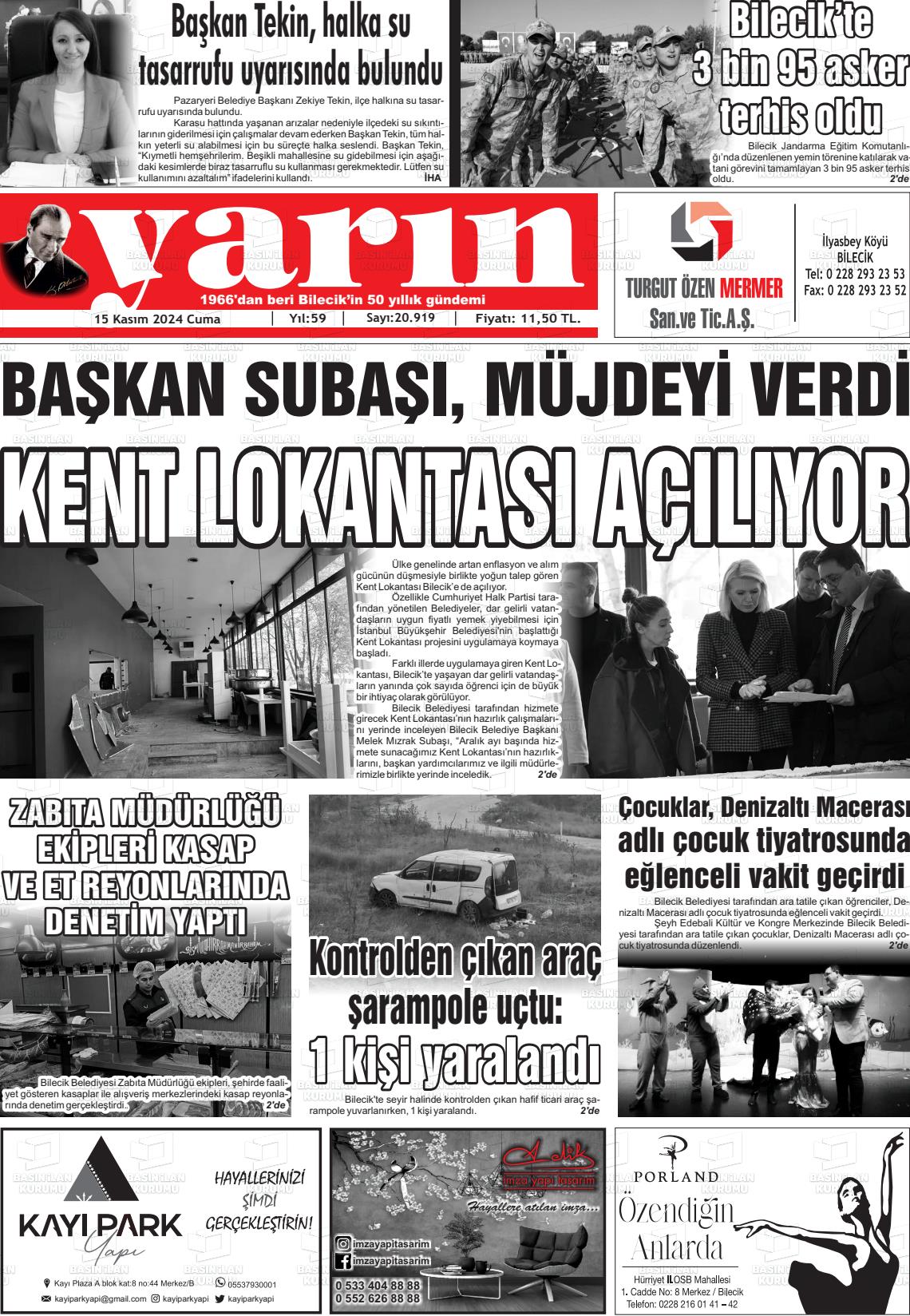 15 Kasım 2024 Gazete Yarın 11 Gazete Manşeti