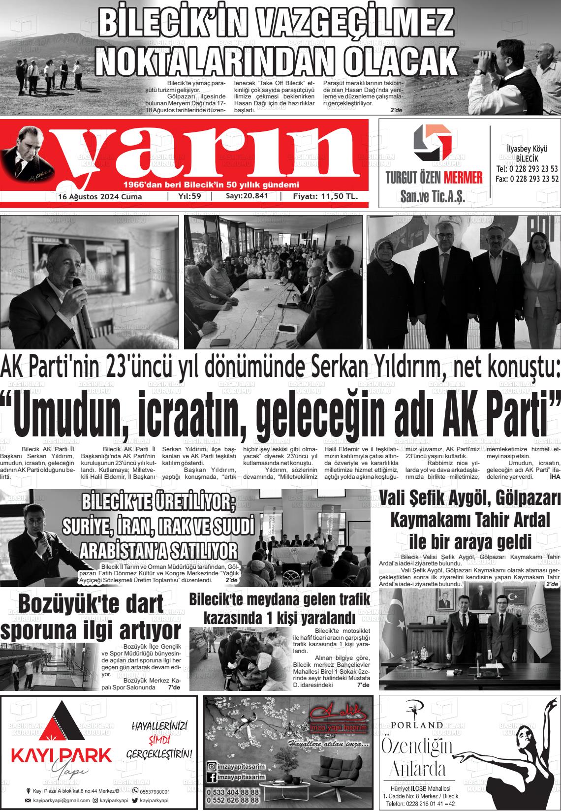 16 Ağustos 2024 Gazete Yarın 11 Gazete Manşeti