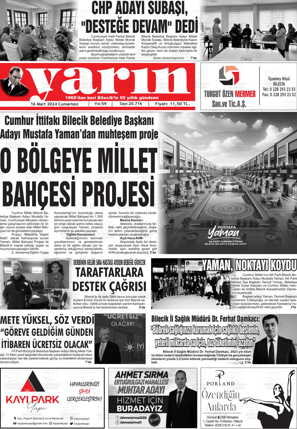 16 Mart 2024 Gazete Yarın 11 Gazete Manşeti