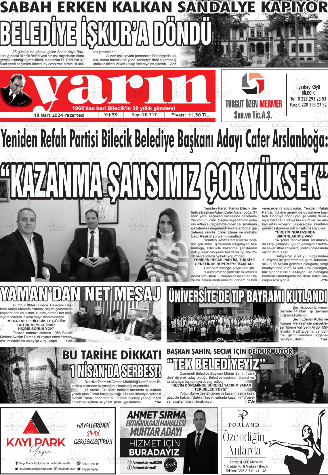 18 Mart 2024 Gazete Yarın 11 Gazete Manşeti