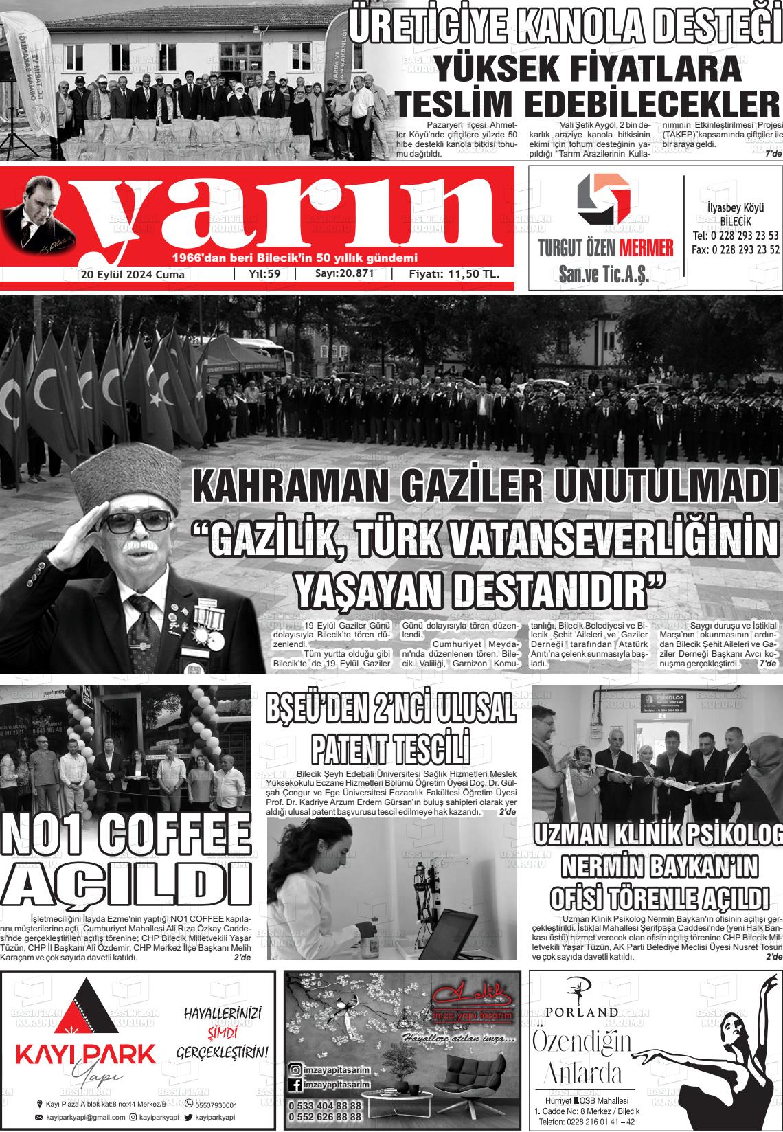 20 Eylül 2024 Gazete Yarın 11 Gazete Manşeti