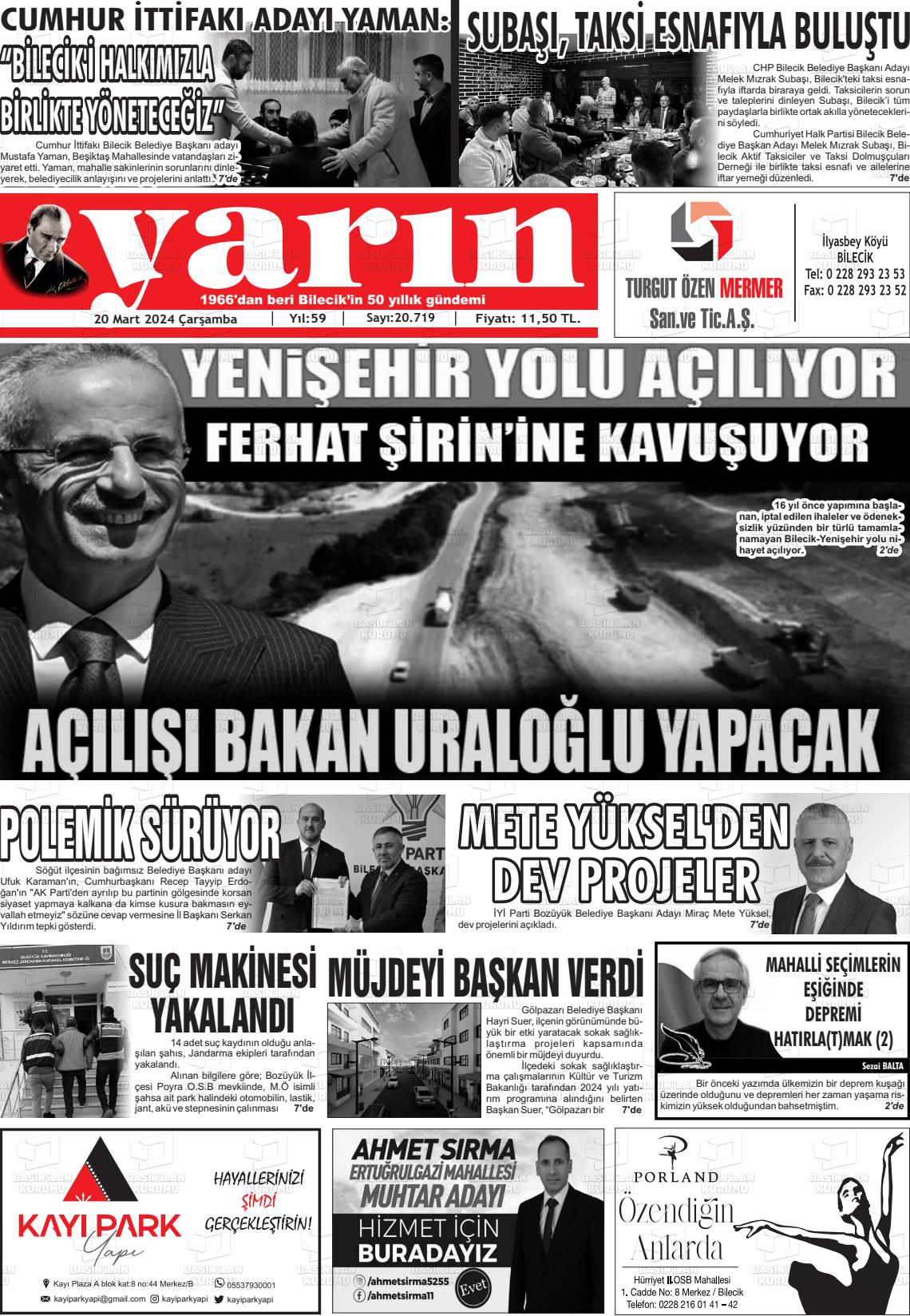 20 Mart 2024 Gazete Yarın 11 Gazete Manşeti