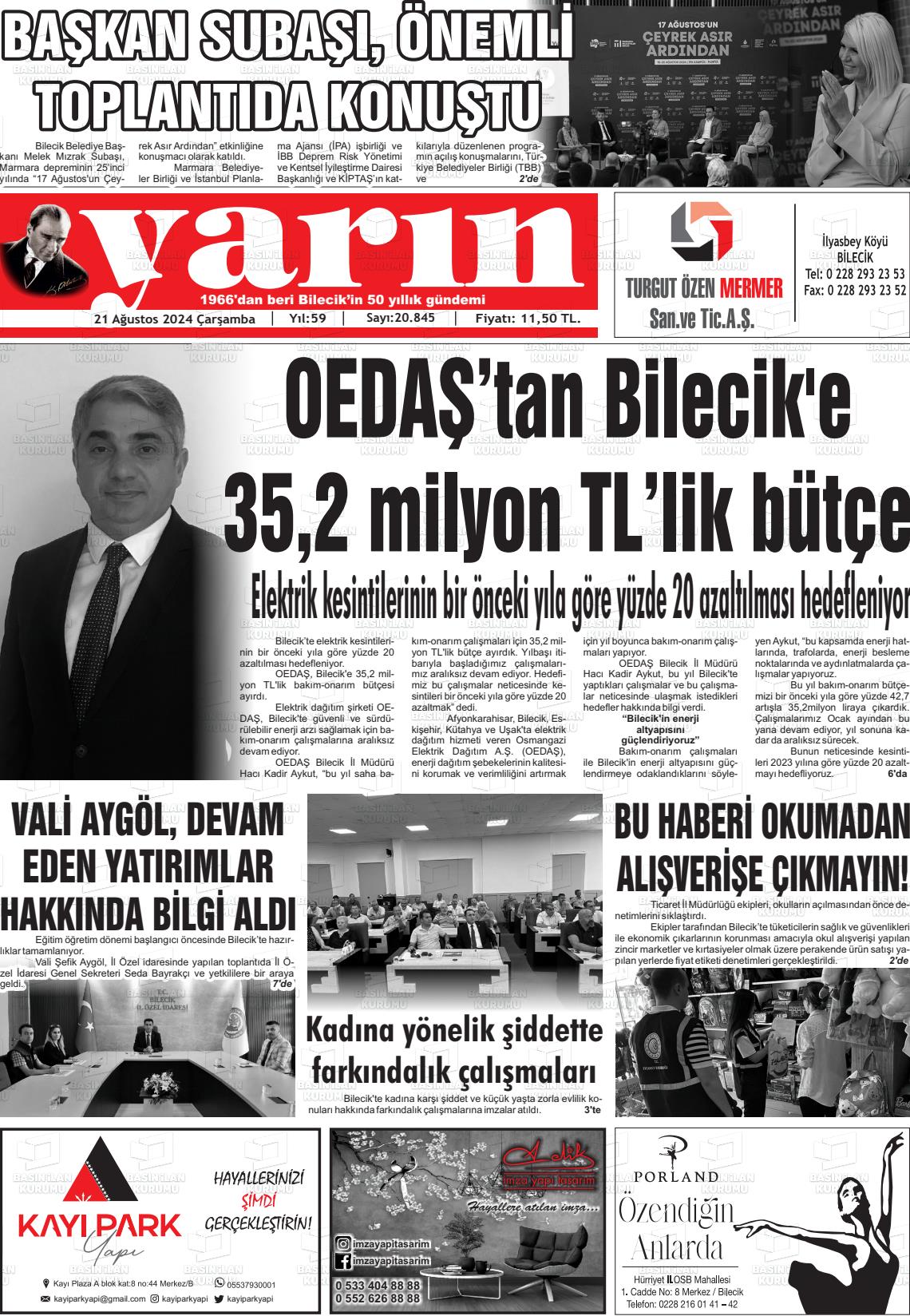 21 Ağustos 2024 Gazete Yarın 11 Gazete Manşeti