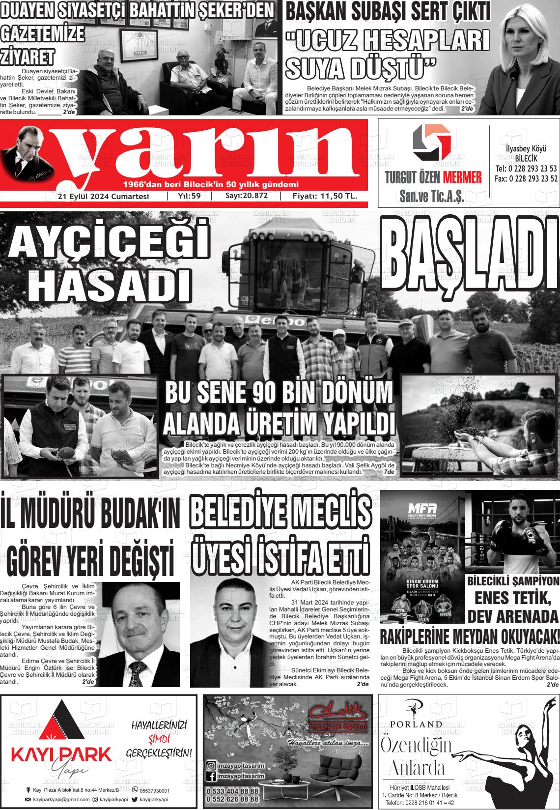 21 Eylül 2024 Gazete Yarın 11 Gazete Manşeti