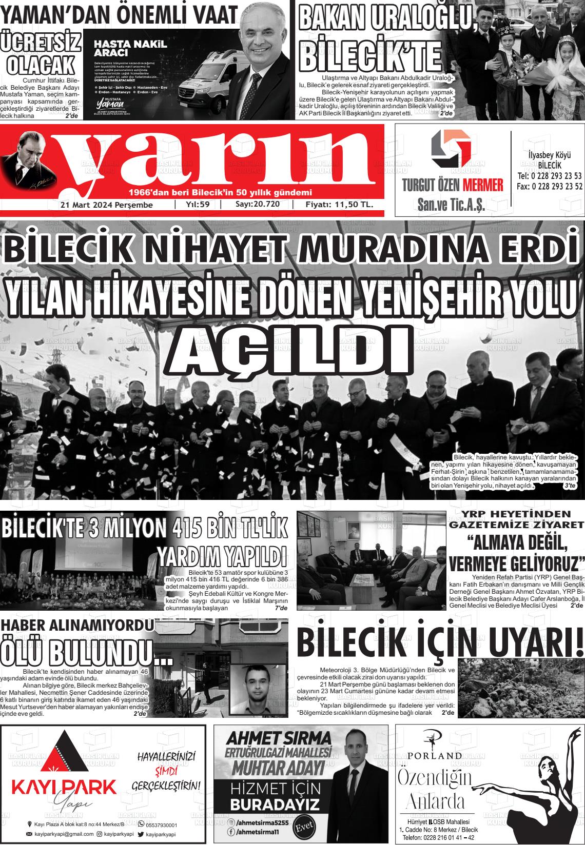 21 Mart 2024 Gazete Yarın 11 Gazete Manşeti