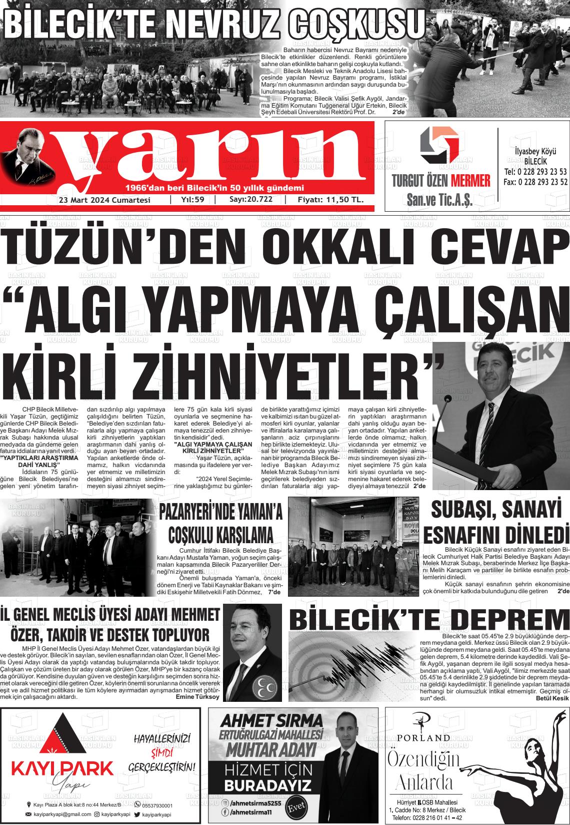 23 Mart 2024 Gazete Yarın 11 Gazete Manşeti