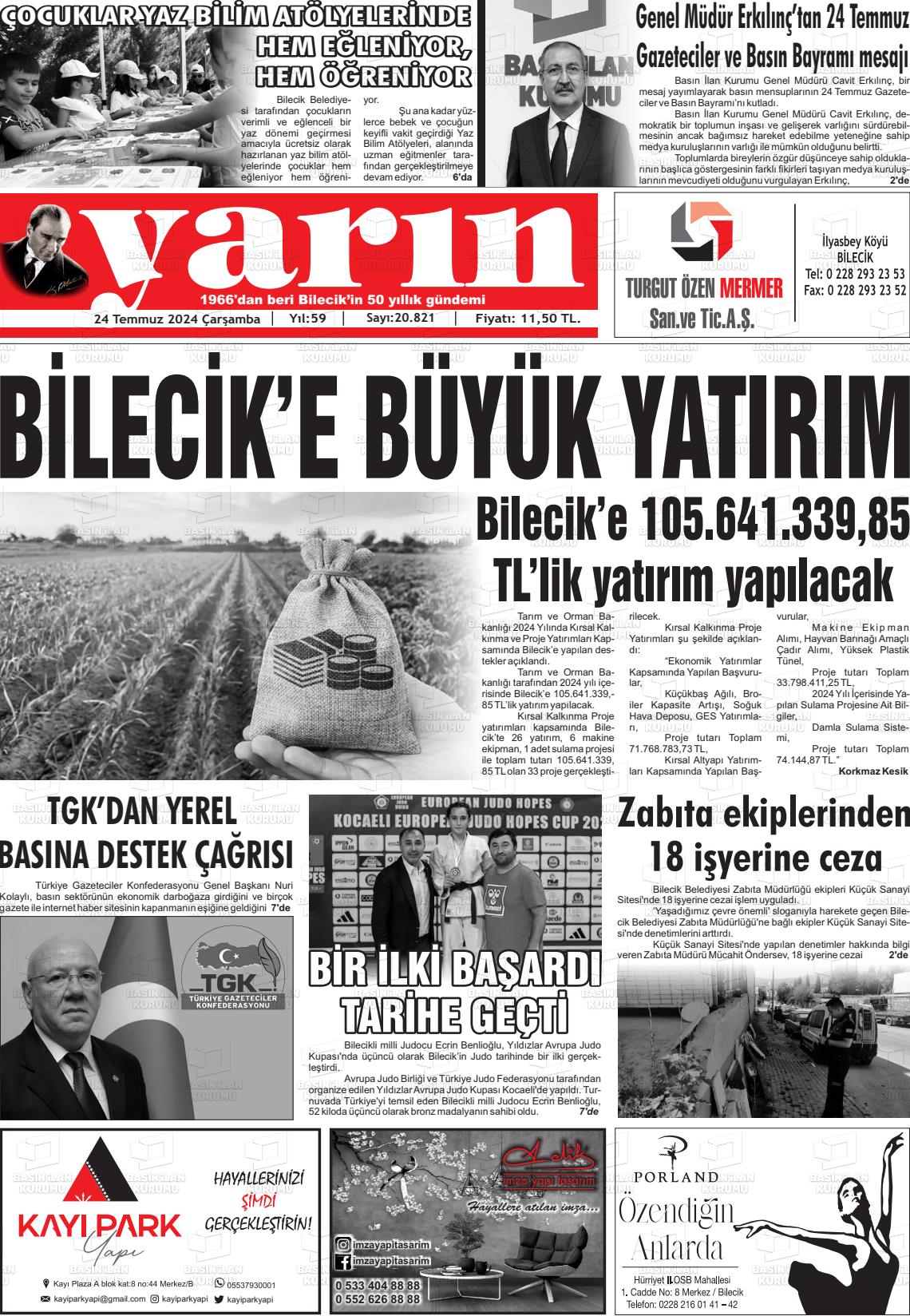 24 Temmuz 2024 Gazete Yarın 11 Gazete Manşeti