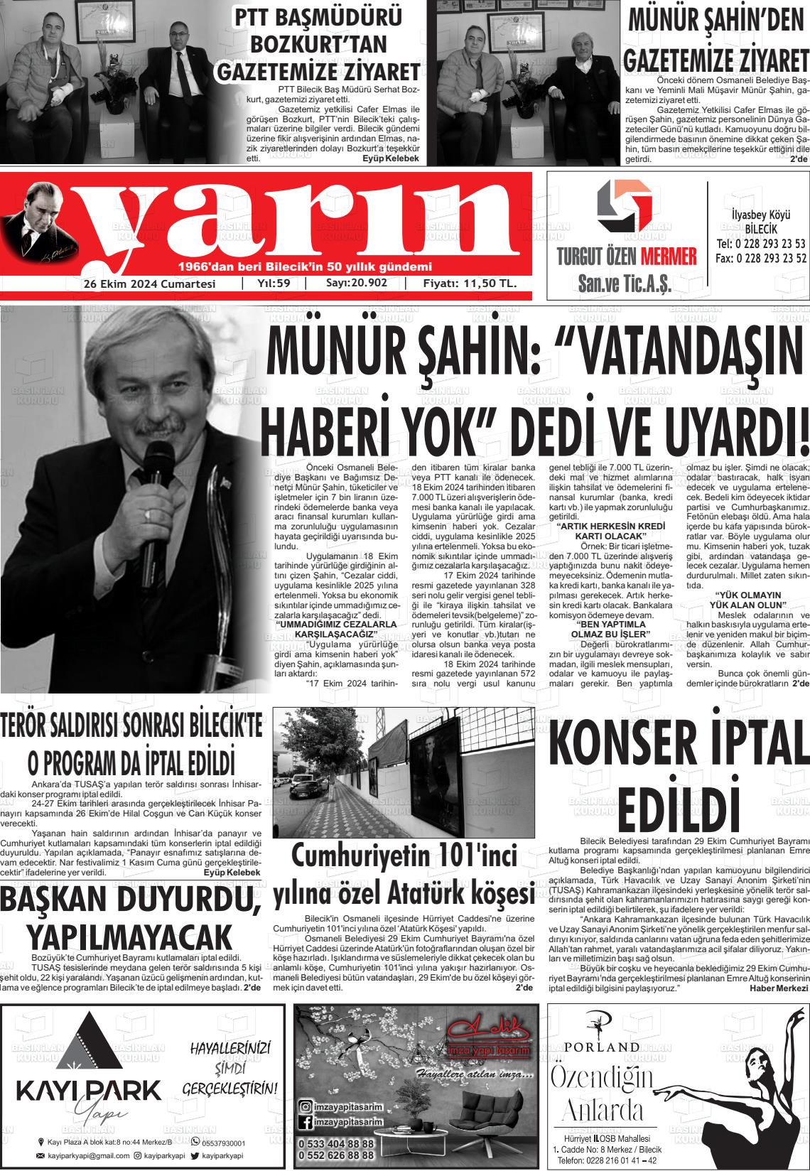 26 Ekim 2024 Gazete Yarın 11 Gazete Manşeti