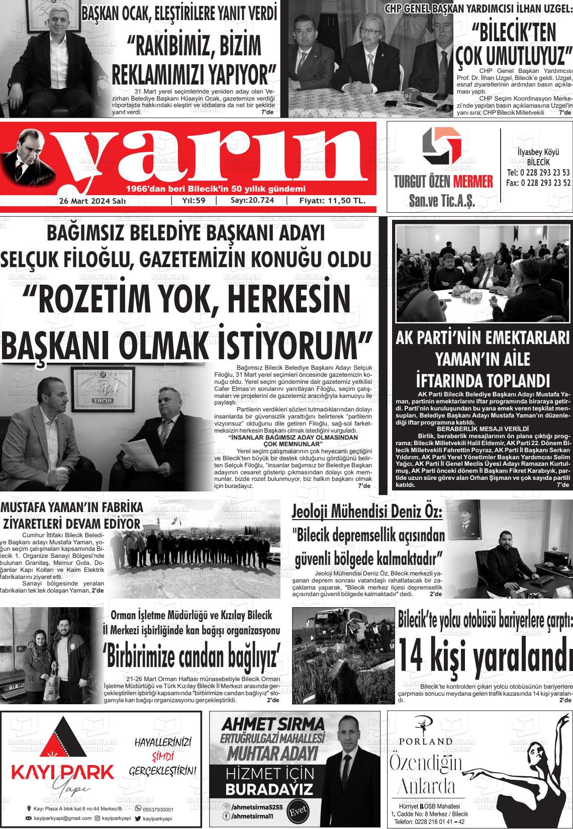 26 Mart 2024 Gazete Yarın 11 Gazete Manşeti