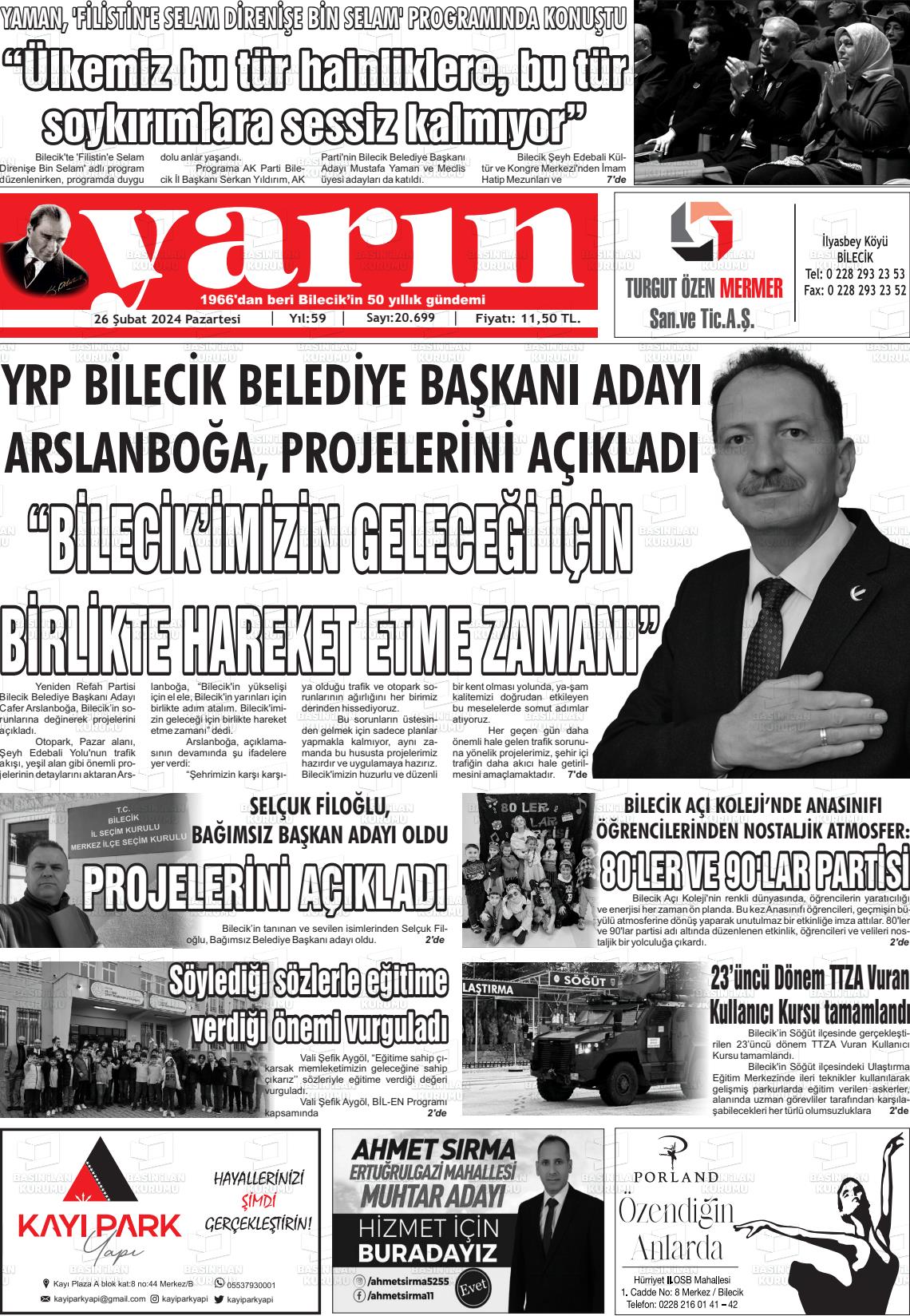 26 Şubat 2024 Gazete Yarın 11 Gazete Manşeti