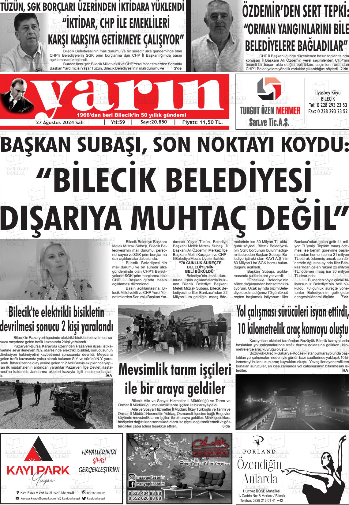 27 Ağustos 2024 Gazete Yarın 11 Gazete Manşeti