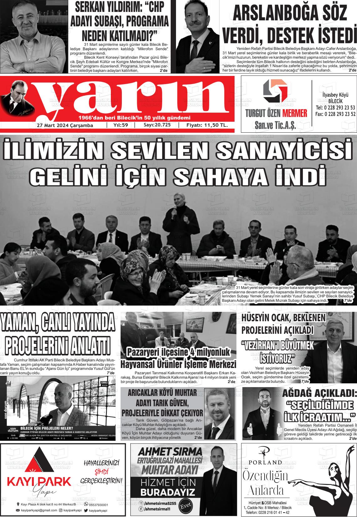 27 Mart 2024 Gazete Yarın 11 Gazete Manşeti