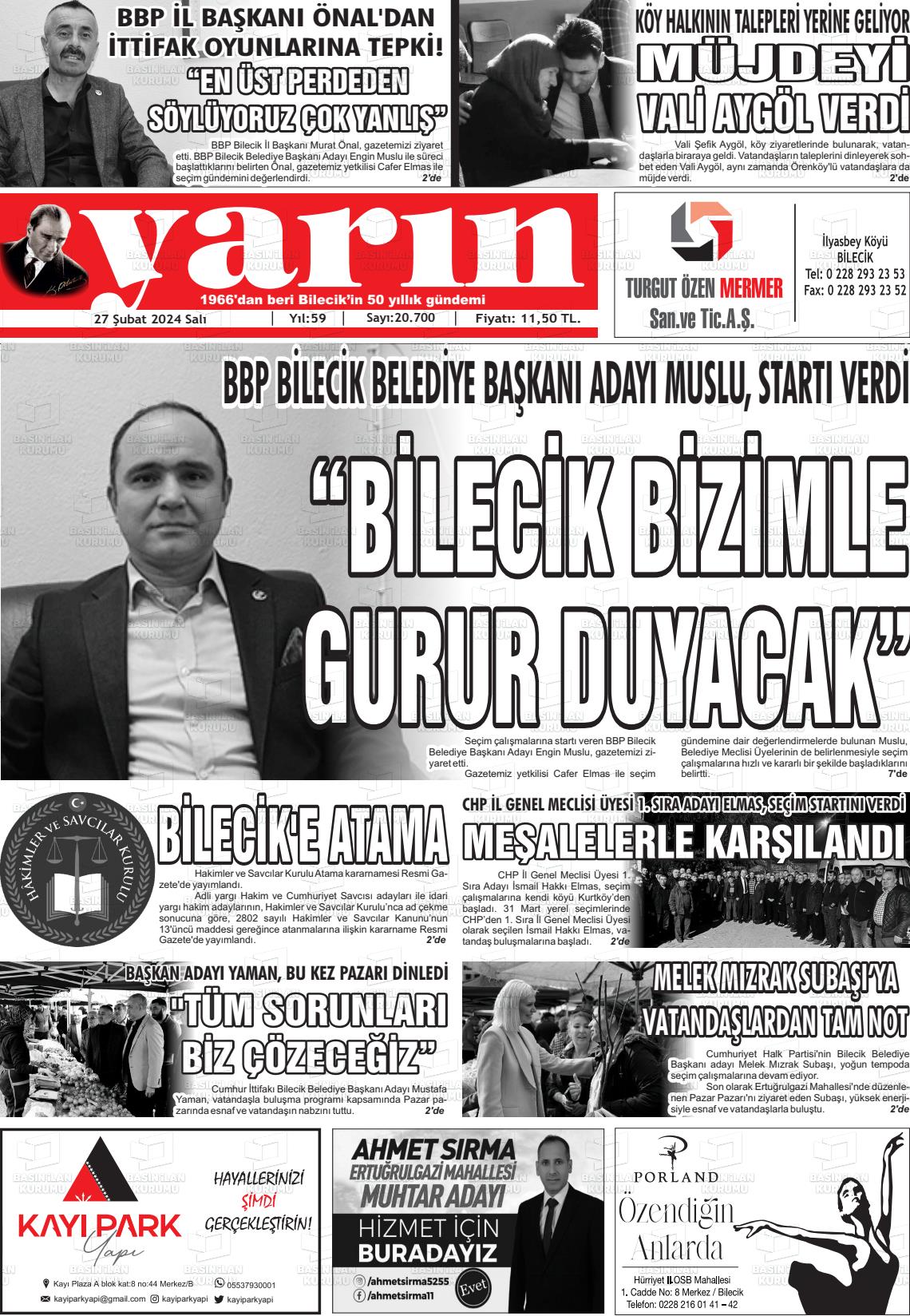 27 Şubat 2024 Gazete Yarın 11 Gazete Manşeti