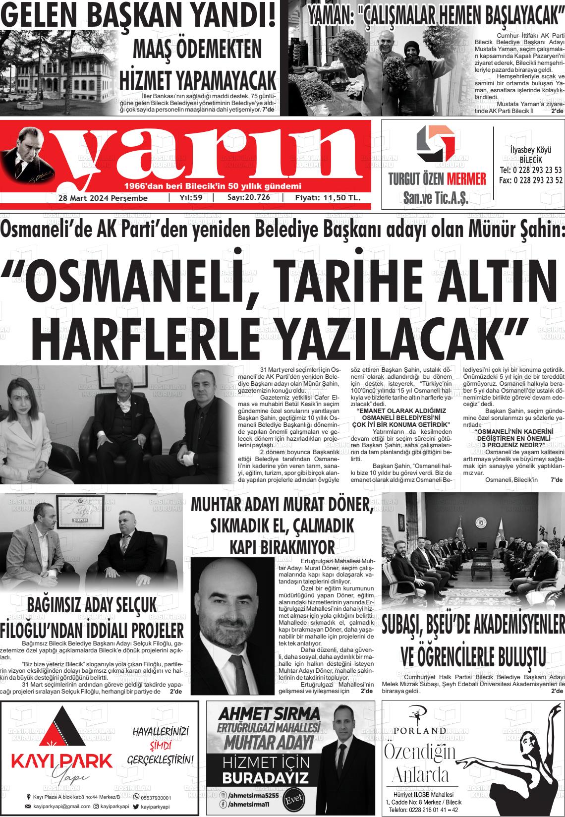 28 Mart 2024 Gazete Yarın 11 Gazete Manşeti