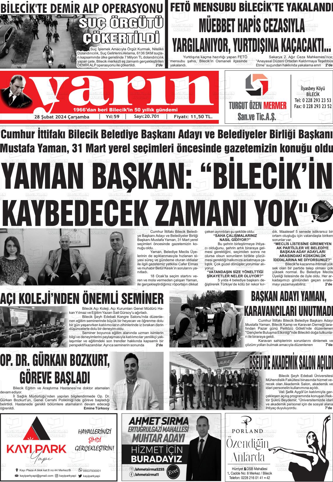 28 Şubat 2024 Gazete Yarın 11 Gazete Manşeti