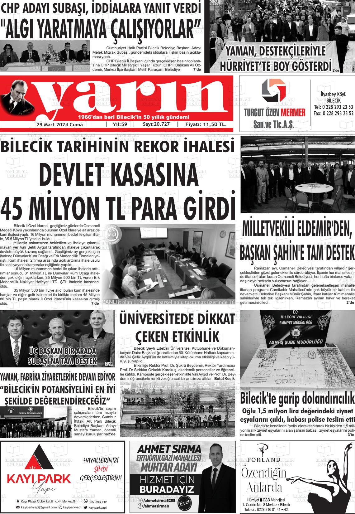 29 Mart 2024 Gazete Yarın 11 Gazete Manşeti