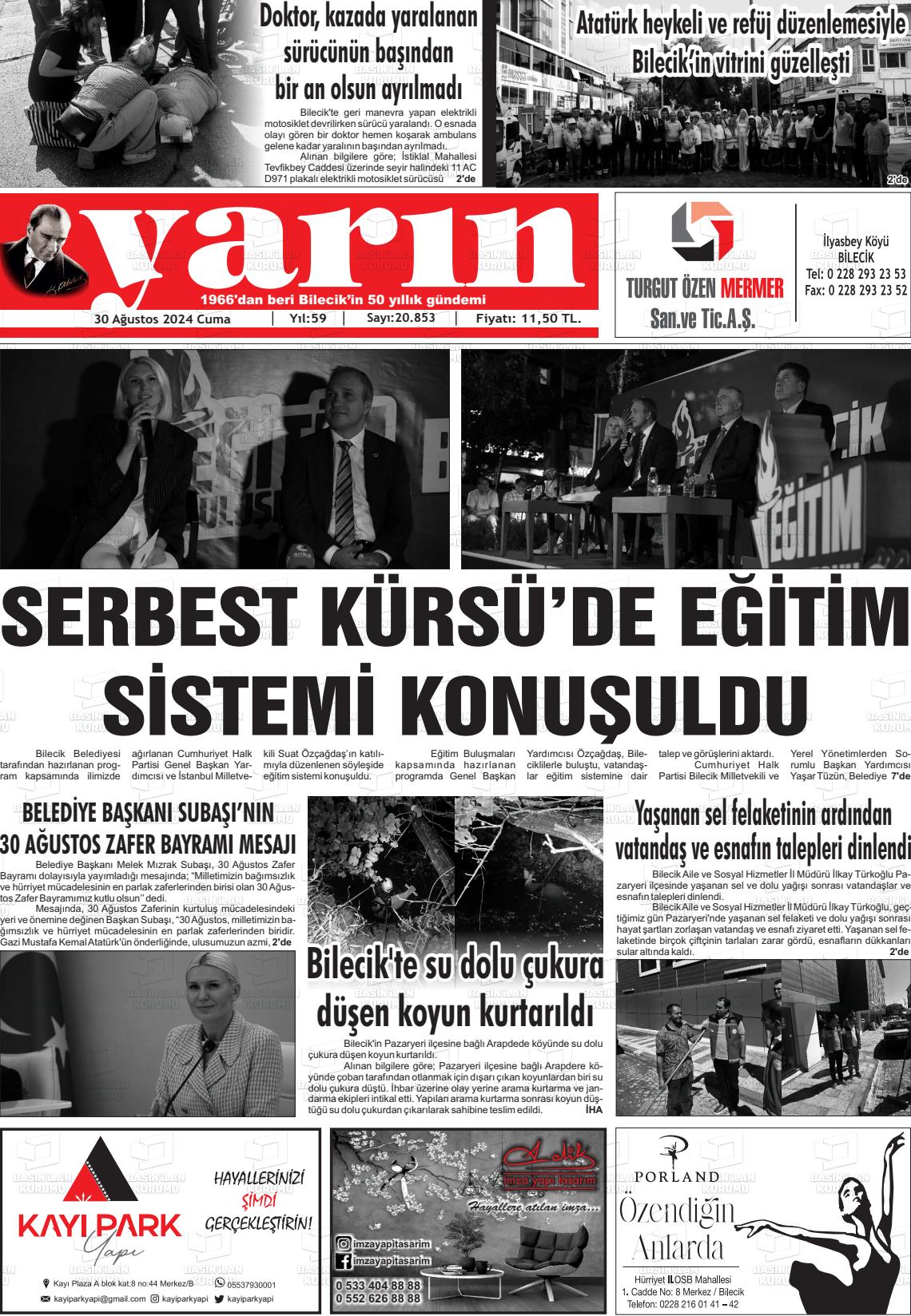 30 Ağustos 2024 Gazete Yarın 11 Gazete Manşeti