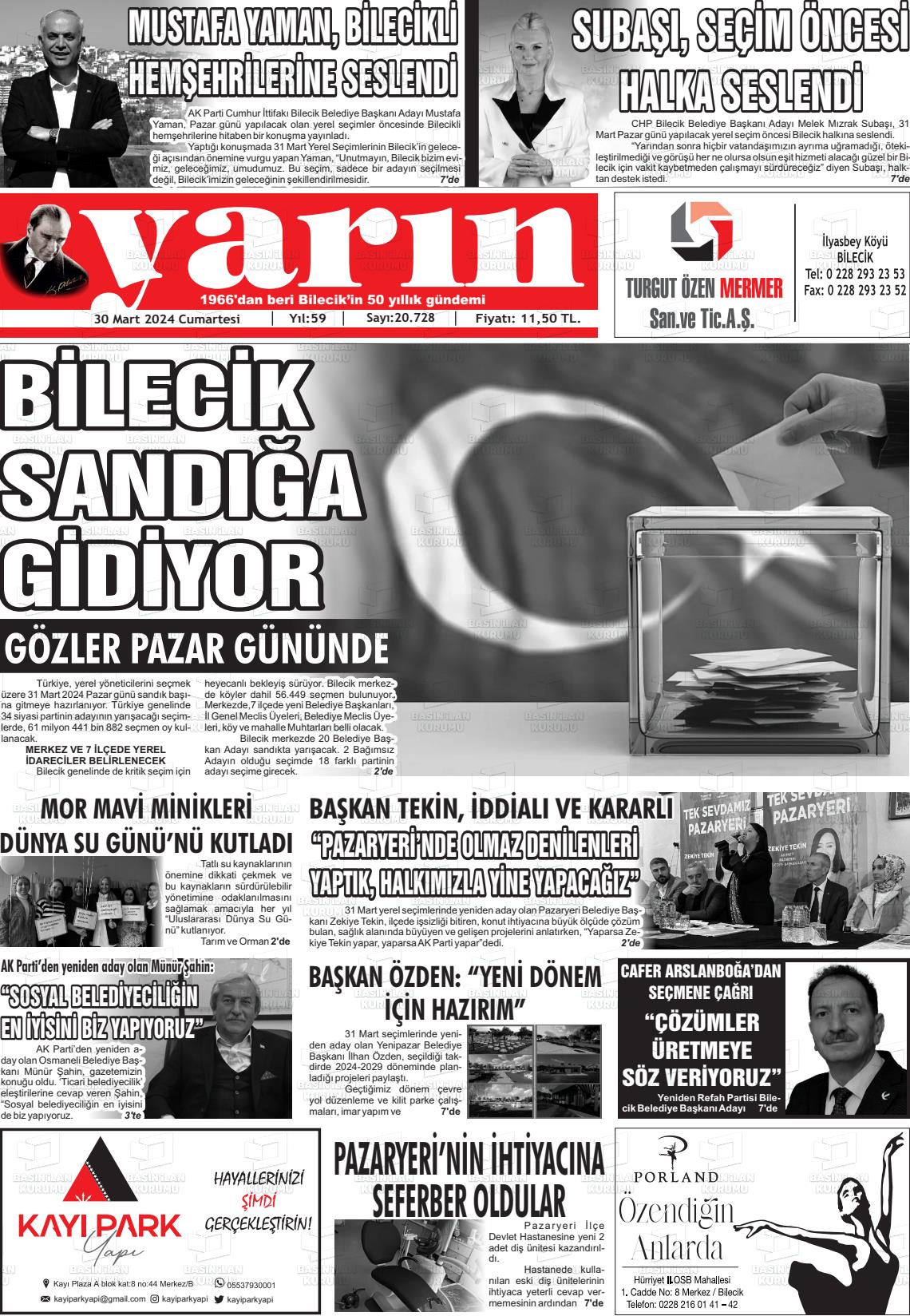 30 Mart 2024 Gazete Yarın 11 Gazete Manşeti