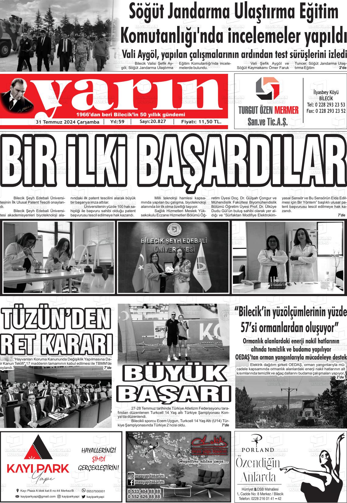 31 Temmuz 2024 Gazete Yarın 11 Gazete Manşeti