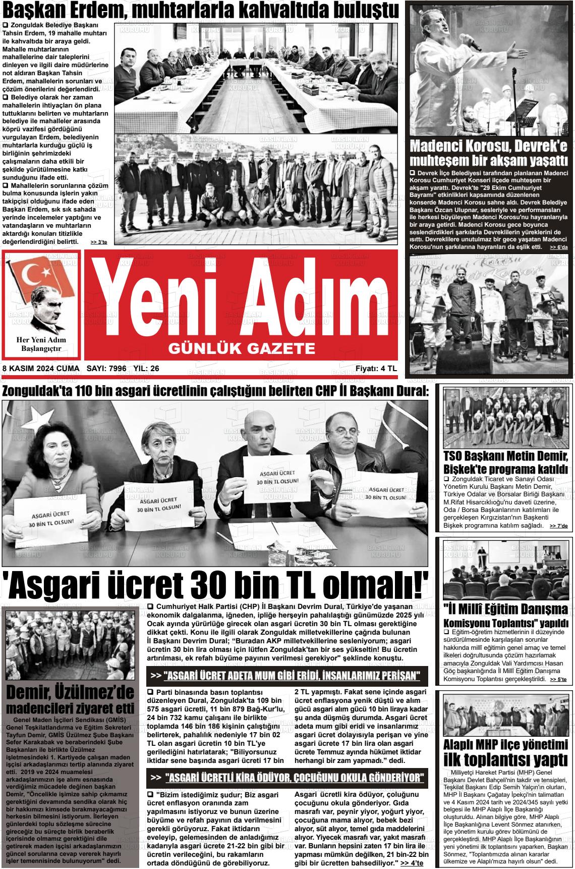 08 Kasım 2024 Yeni Adım Gazete Manşeti