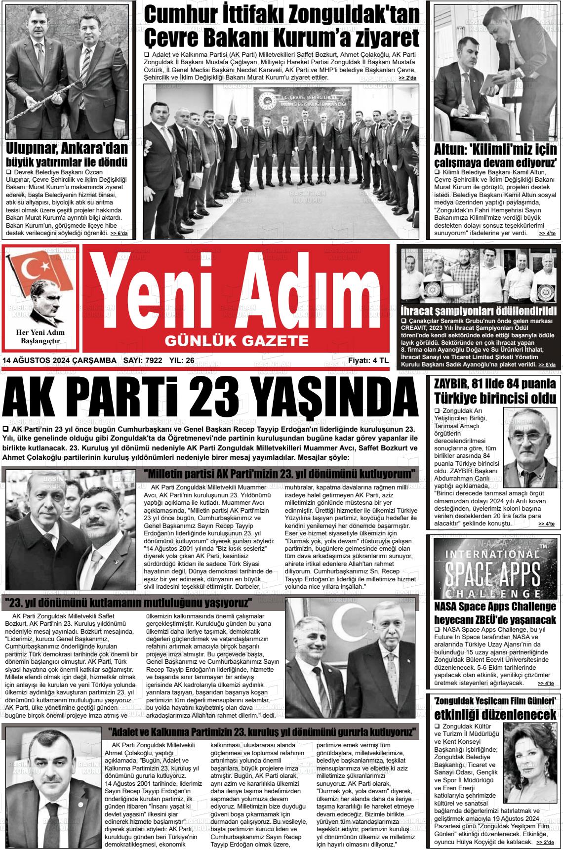 14 Ağustos 2024 Yeni Adım Gazete Manşeti