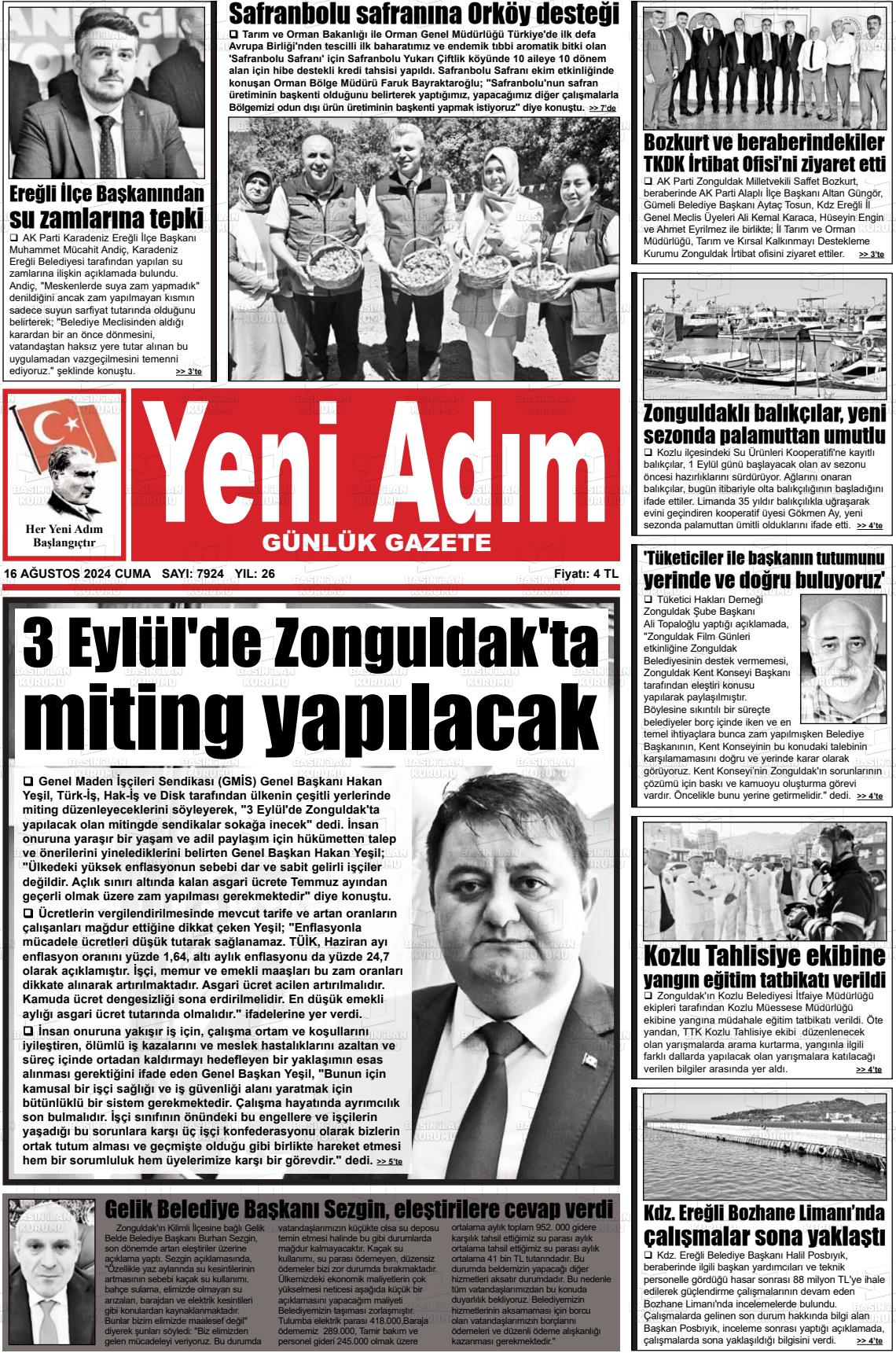 16 Ağustos 2024 Yeni Adım Gazete Manşeti