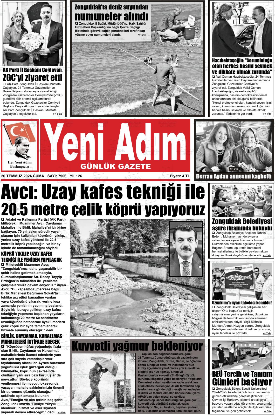 26 Temmuz 2024 Yeni Adım Gazete Manşeti